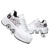 Double-Row Deform Wheel Automatic Walking Shoes Invisible Deformation Roller Skate 2 in 1 Removable Pulley Skates Skating Parkour (White Black Powder US9)