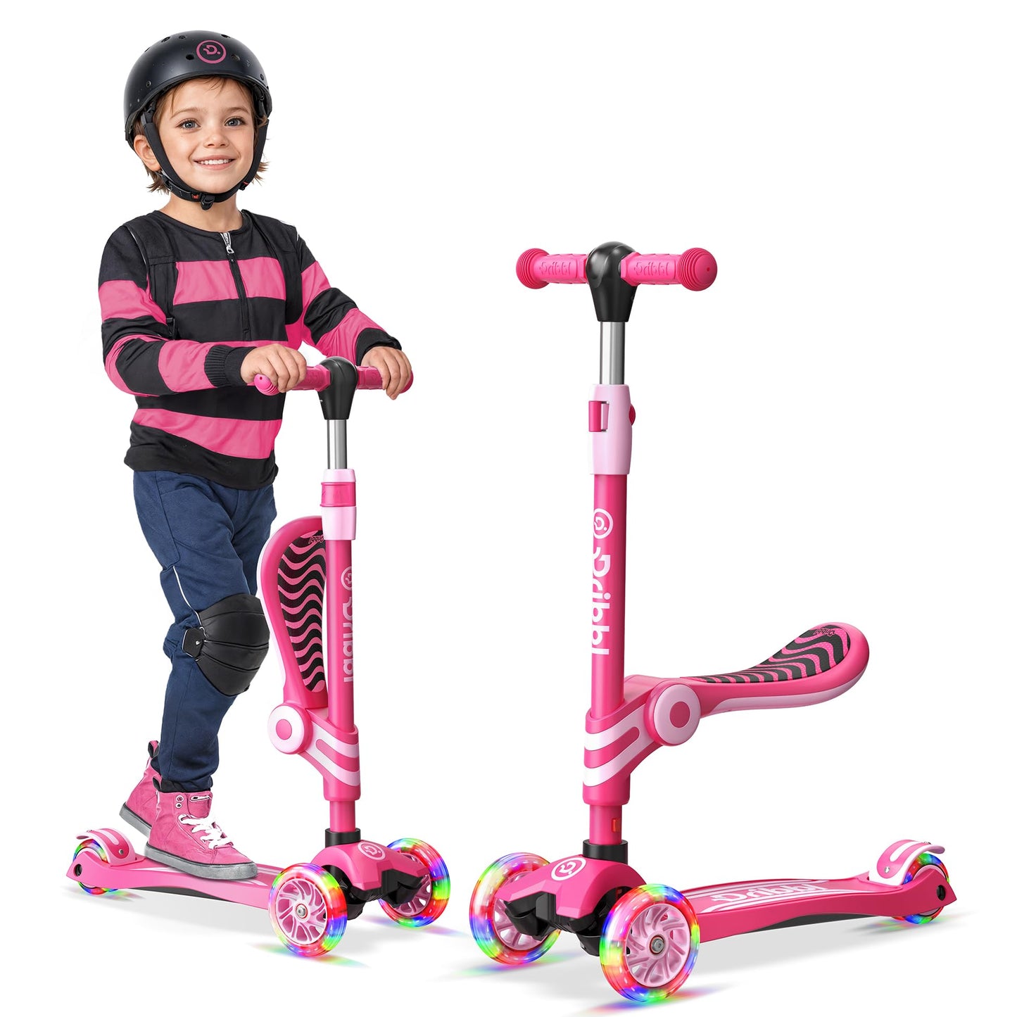 Pink 3 Wheel Scooter with Seat for Kids, Light-Up Wheels, Adjustable Lean to Steer Handlebar and Seat, Smooth Wheels, Wide No-Sl