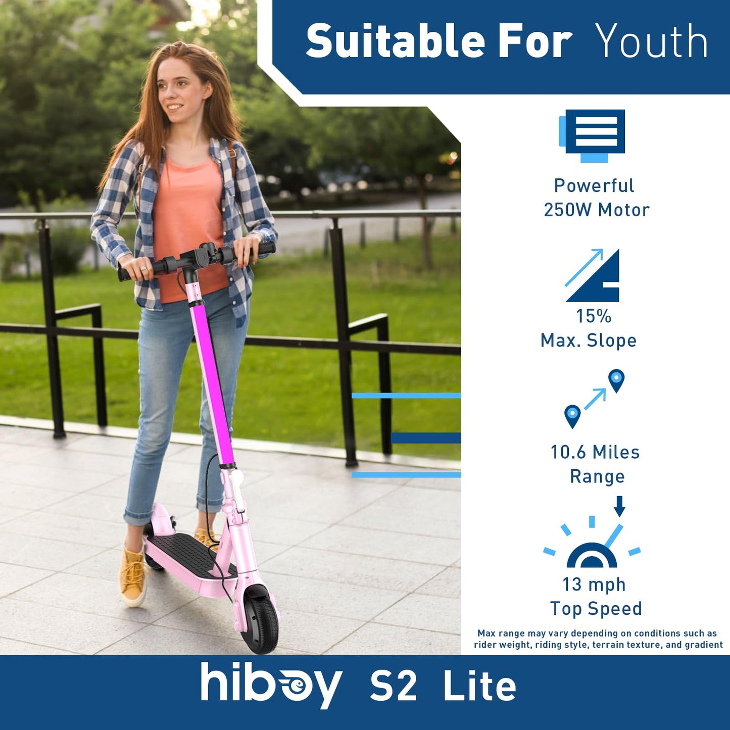 Hiboy S2 Lite Electric Scooter - 6.5 Solid Tires - Up to 10.6 Miles Long-Range & 13 MPH Portable Folding Commuting Scooter for T