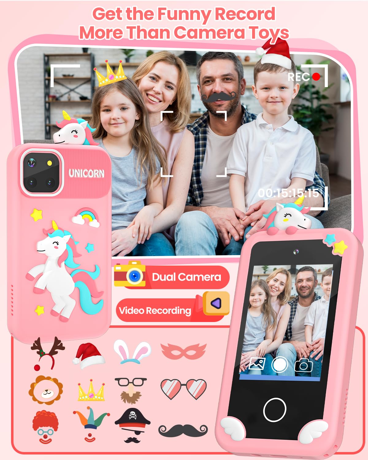 Kids Smart Phone for Girls with Holographic Pyramid, 32G Card Christmas Birthday Gifts for Age 3-10 Kids Toys Cell Phone, 2.8''