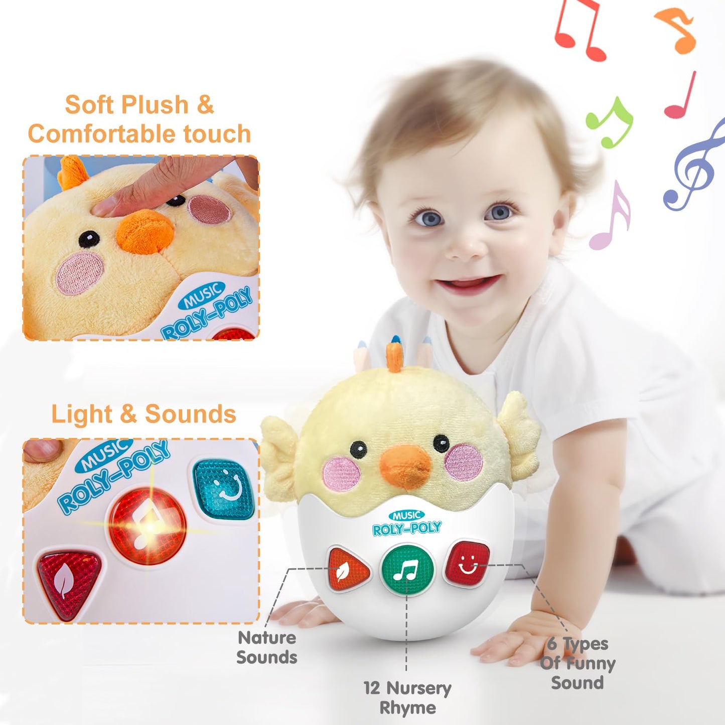 Wowohage Baby Toys 0-6-12 Months, Plush Chick Musical Toys, Cute Stuffed Animal Infant Toys With Light & Sounds, Roly-Poly Senso