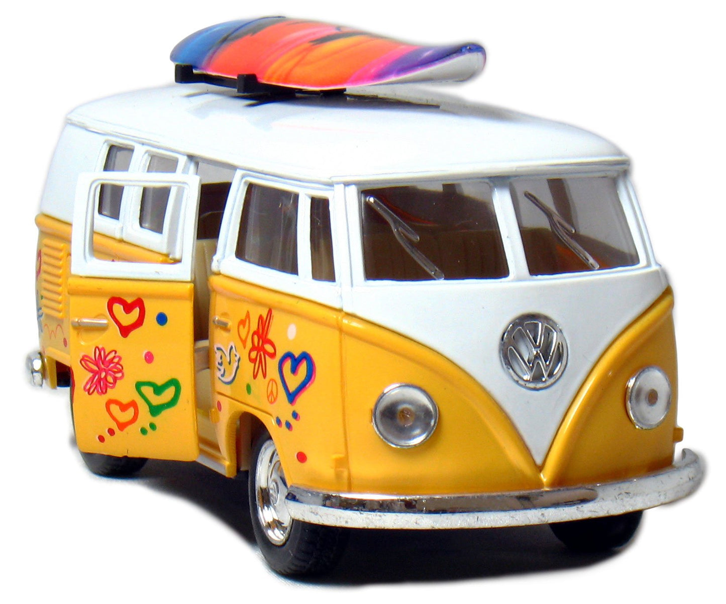 Set of 4 Vehicles: 5'' 1962 VW Classic Van Flowers with Surfboard (Red, Green, Maroon and Yellow)