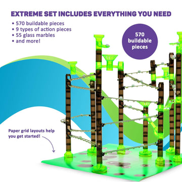 Marble Genius Marble Rails Extreme Set, 625 Piece Marble Run For Kids 8+ (55 Marbles, 80 Rail Pieces, 20 Base Pieces & More), Stem, Full-Color Instructions, Great For Kids & Teens