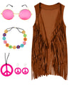 IWALUE 60s 70s Outfits Hippie Costume Set Kid Girls Fringe Tassel Vest with Earring Headband Glasses(Brown,12-14 Years)