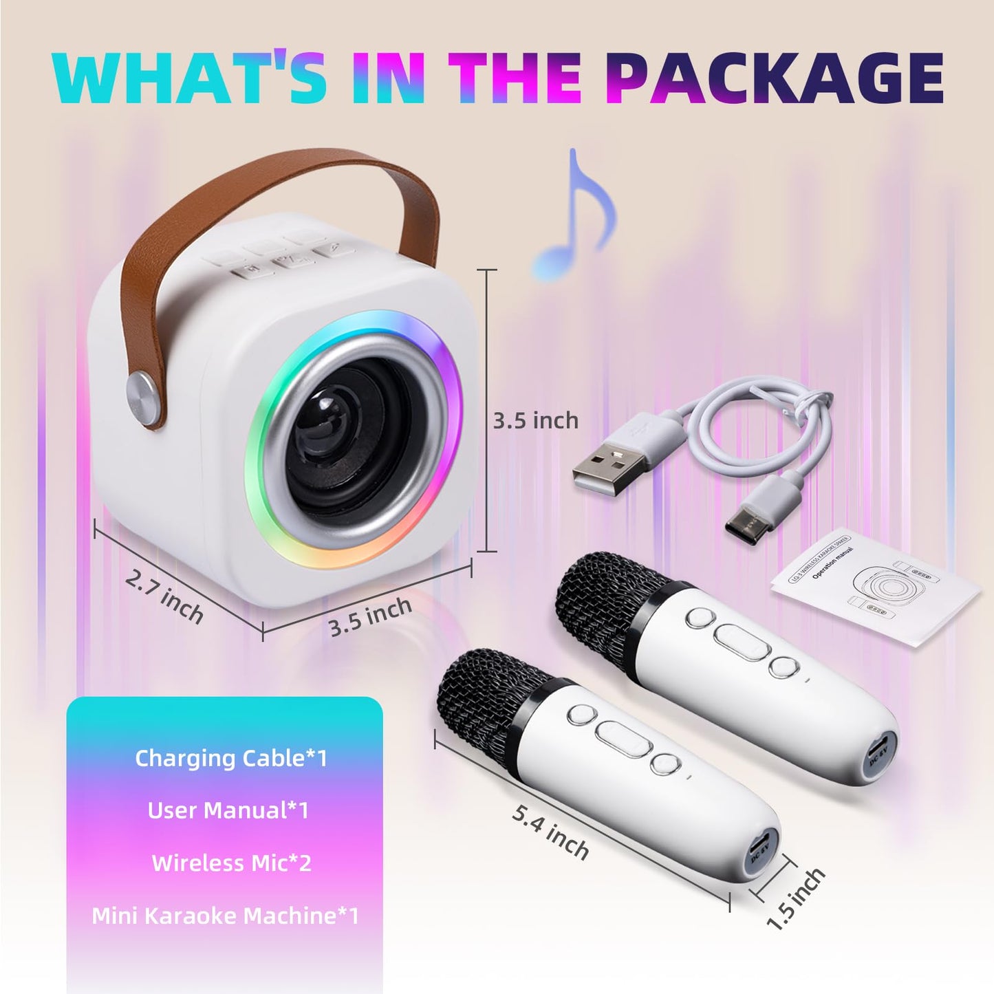 Mini Karaoke Machine for Kids with 2 Wireless Mics,Voice Changer Fun Effects,Portable Bluetooth Speaker with LED Lights,AUX/USB/