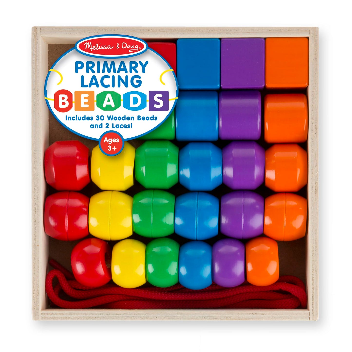 Melissa & Doug Primary Lacing Beads - Educational Toy With 30 Wooden Beads And 2 Laces - Beads For Toddlers, Fine Motor Skills Lacing Toys For Toddlers And Kids Ages 3+, 8Inx8Inx2In, Multi