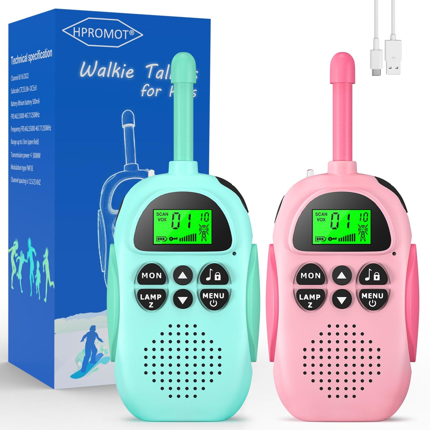 Hpromot Rechargeable Walkie Talkies For Kids 2 Pack Kids Walkie Talkies, Long Range 22 Channels 2 Way Radio Kids Birthday Toy Gi
