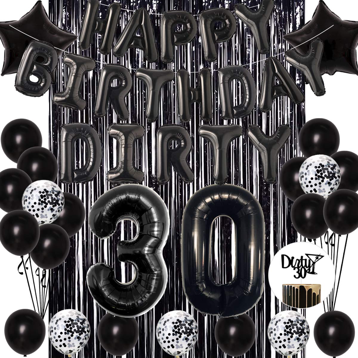 Joymemo 30Th Birthday Decorations Black - Dirty Thirty Foil Balloon & Cake Toppers, Happy Birthday Banner, Black Star Confetti Balloons, Foil Fringe Curtain For Men Women Thirty Bday Party Supplies
