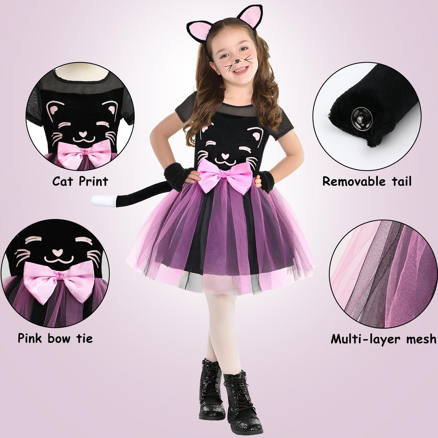 SVMK Girls Cat Costume Kids Toddler Kitty Dress Costumes Accessories Cat Ears Headband Gloves Tail Halloween Dress Up Cosplay (1