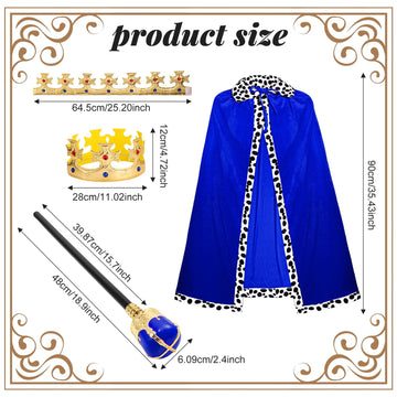Shinymoon 3 Pcs Halloween Prince Costume For Kids King Crown Robe And Scepter Prince Costume For Boys King Cosplay(Blue)