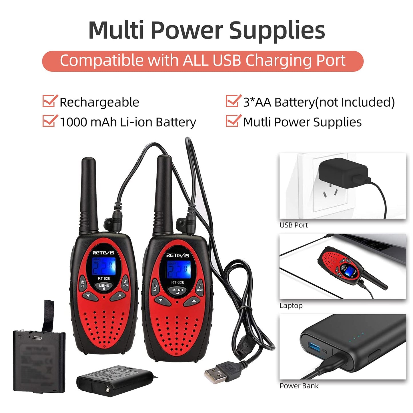 Retevis Rt628 Walkie Talkies For Kids Rechargeable,Long Range 2 Way Radio 22 Ch Backlit Lcd Screen Vox,Toys Gifts For 5-14 Years