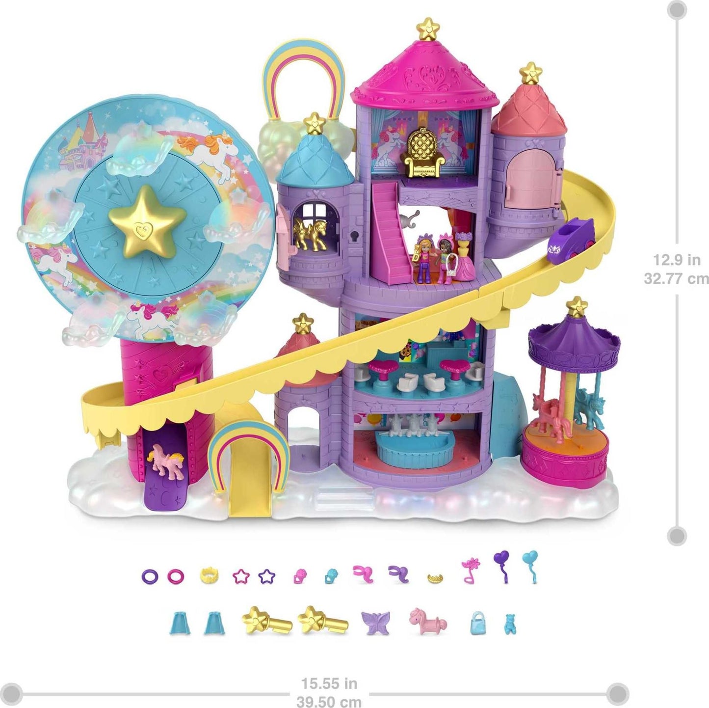 Polly Pocket Dolls & Playset, Rainbow Funland Theme Park With 2 Unicorns, Polly & Shani Micro Dolls, 25 Surprise Accessories