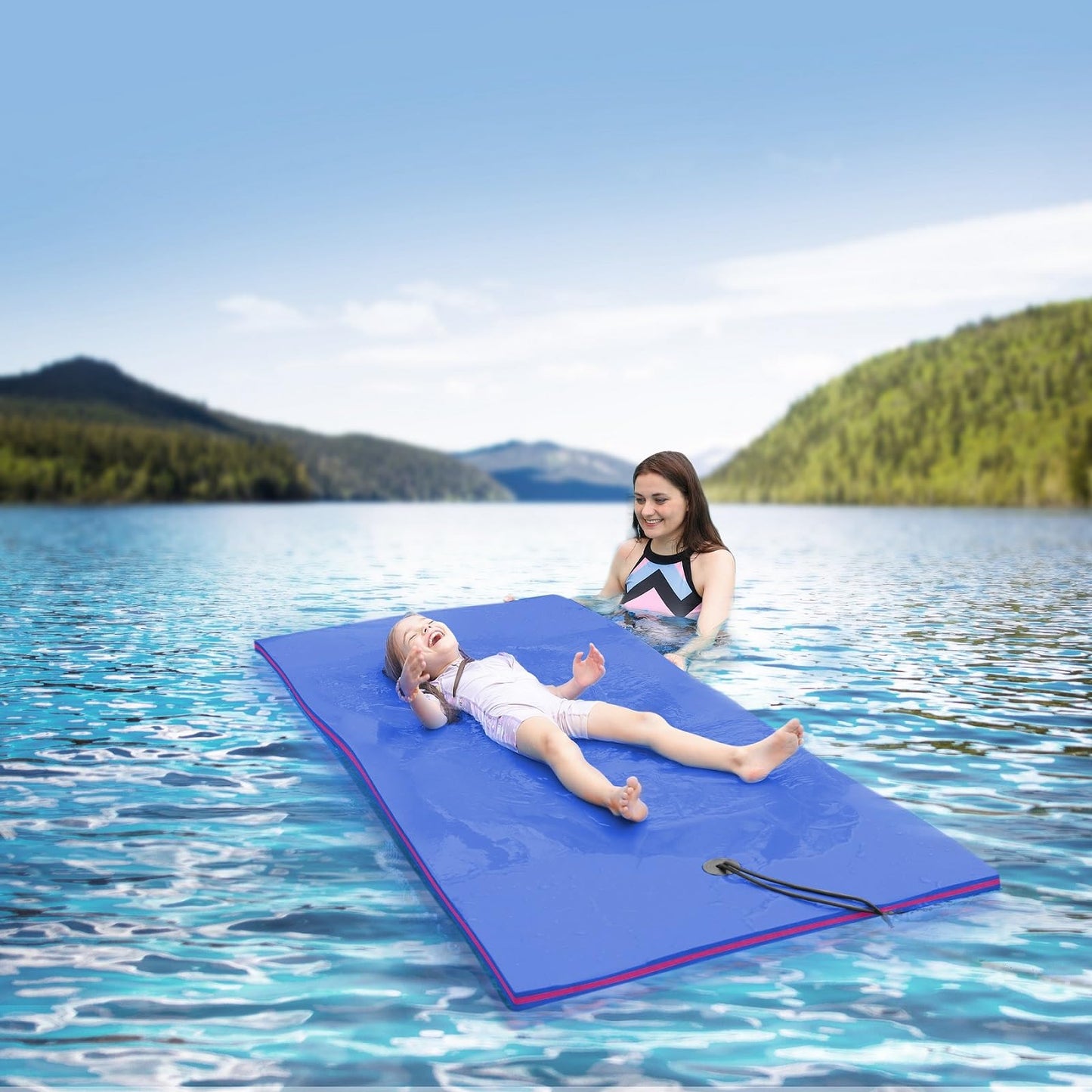 Warmounts Floating Water Mat, 7' X 3' Lily Pad Floating Mat, 3-Layer Tear-Resistant Xpe Foam Water Mat With A 16.4'' Bungee Teth