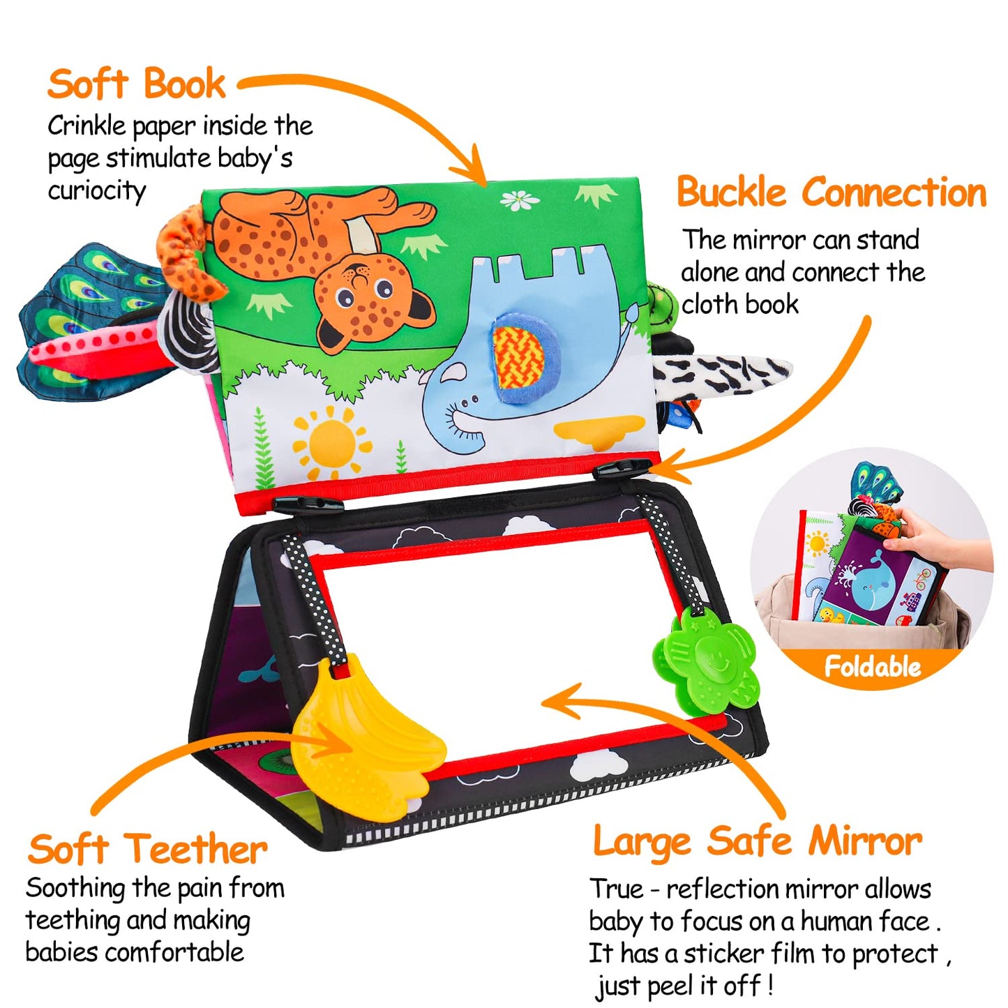 Baby Mirror Tummy Time Toys 0-3 3-6 Months With Crinkle Cloth Books Infant High Contrast Newborn Sensory Toy Baby 3 4 5 Month Black And White Toy For 0-6 7 8 9 Months Babies 6-12 Month Gifts