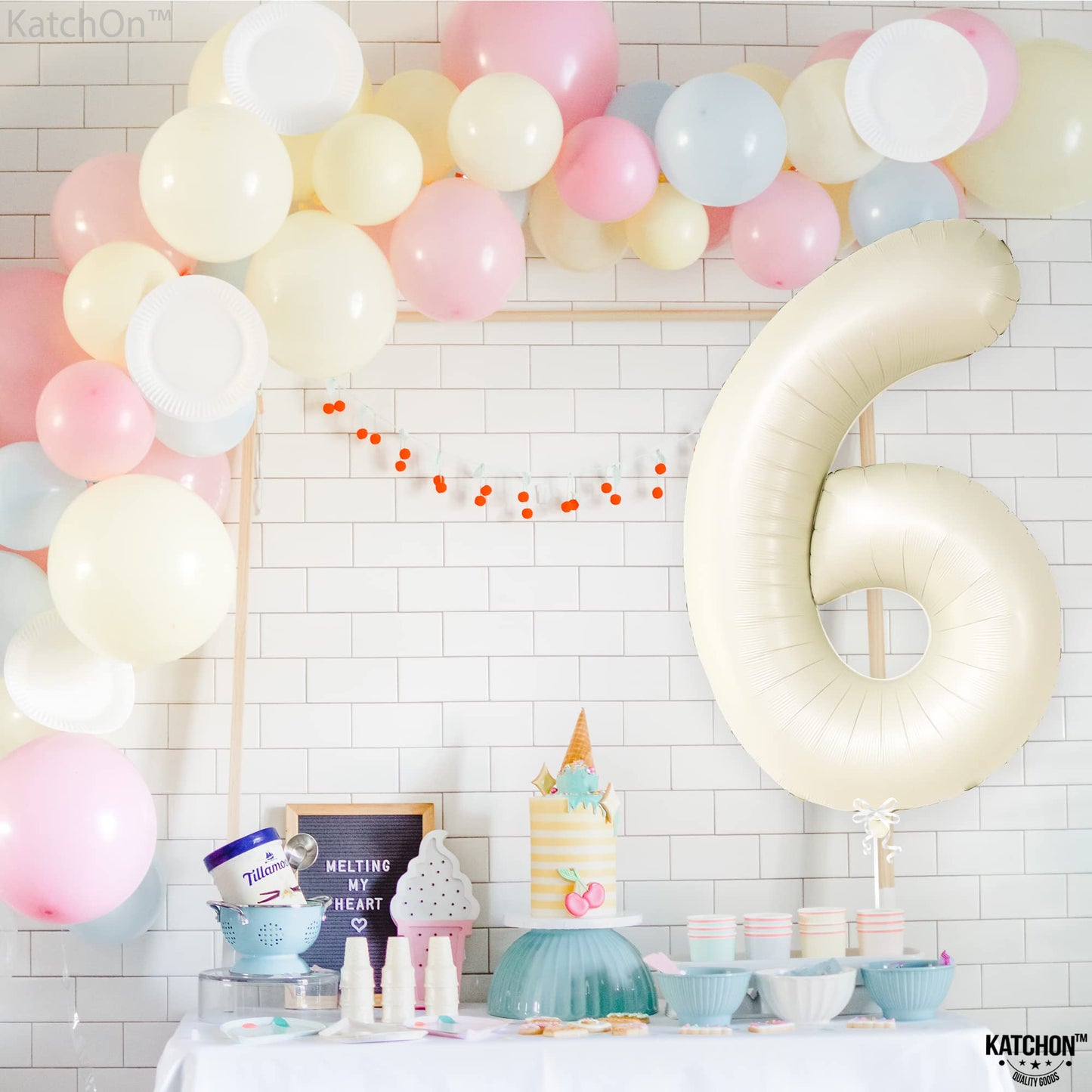 Katchon, Giant Cream Number 6 Balloon - 40 Inch | 6Th Birthday Balloon For 6Th Birthday Decorations | 6 Balloons For Birthday | Six Balloon Number | 6 Year Old Balloon For 6 Year Decorations