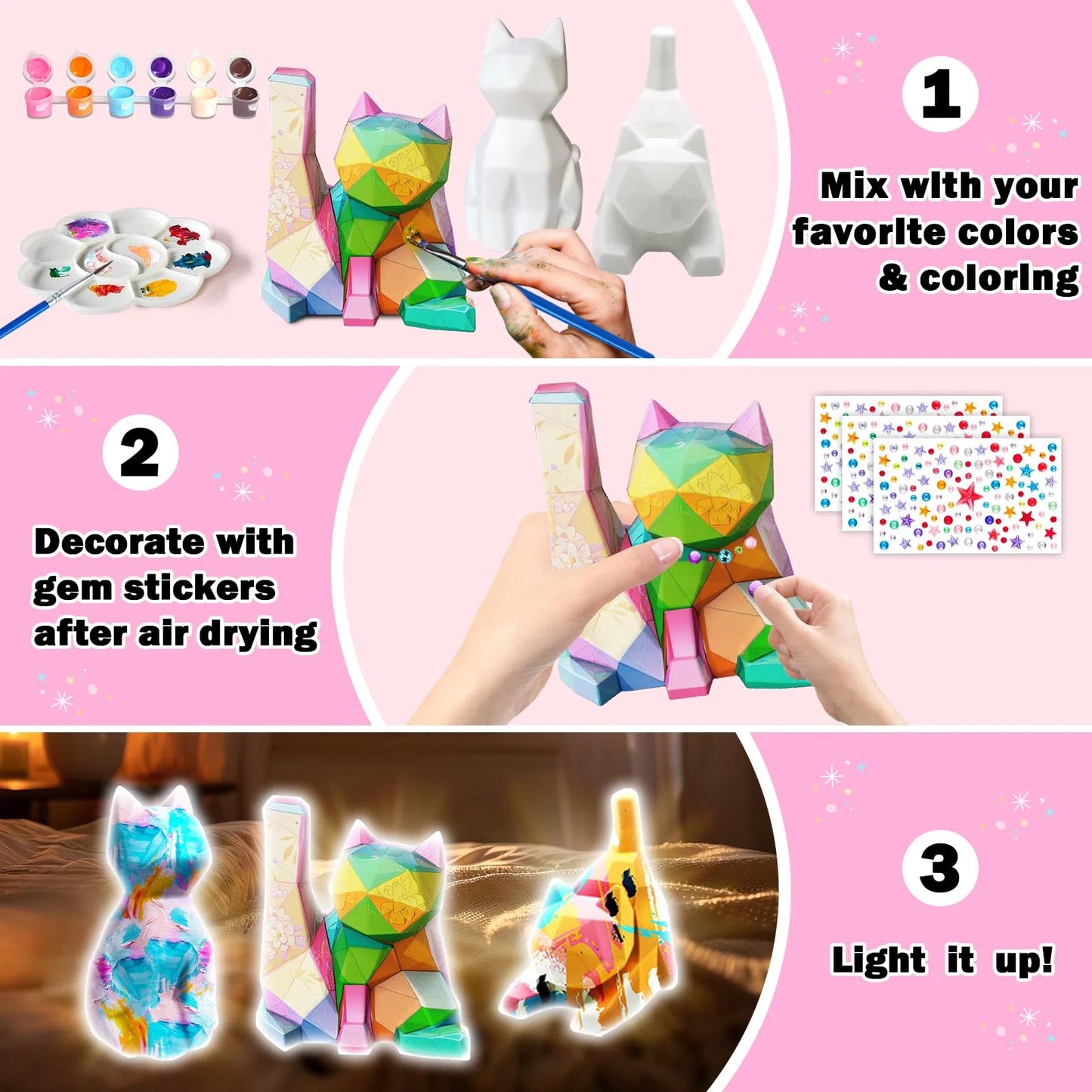 FUNZBO 3pcs Paint Your Own Cat Lamp Kit - Arts and Crafts Supplies Kitten Painting Kits for Kids Teens Adults, DIY Night Light T