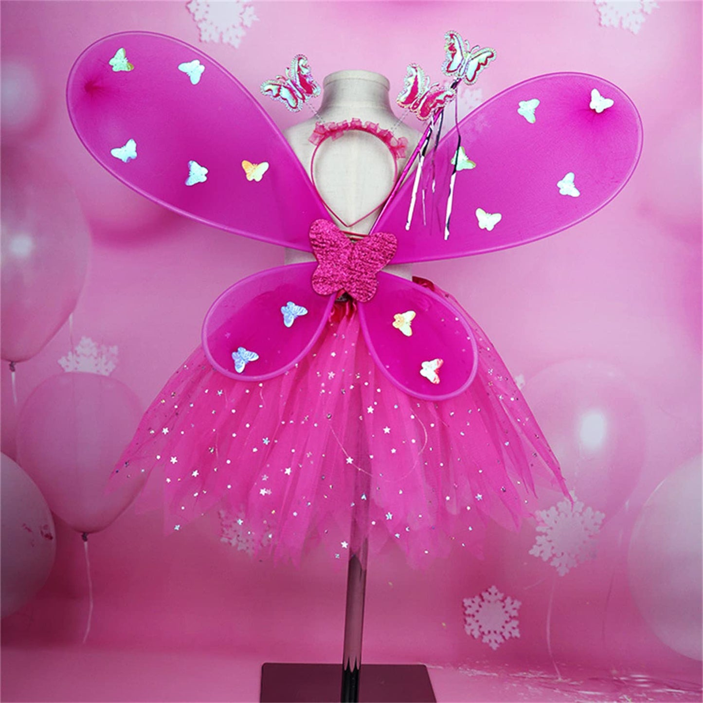 Purfeel Girls Led Light Up Angel Wings Kids Butterfly Wings Costume 4Pcs Sets Hot Pink