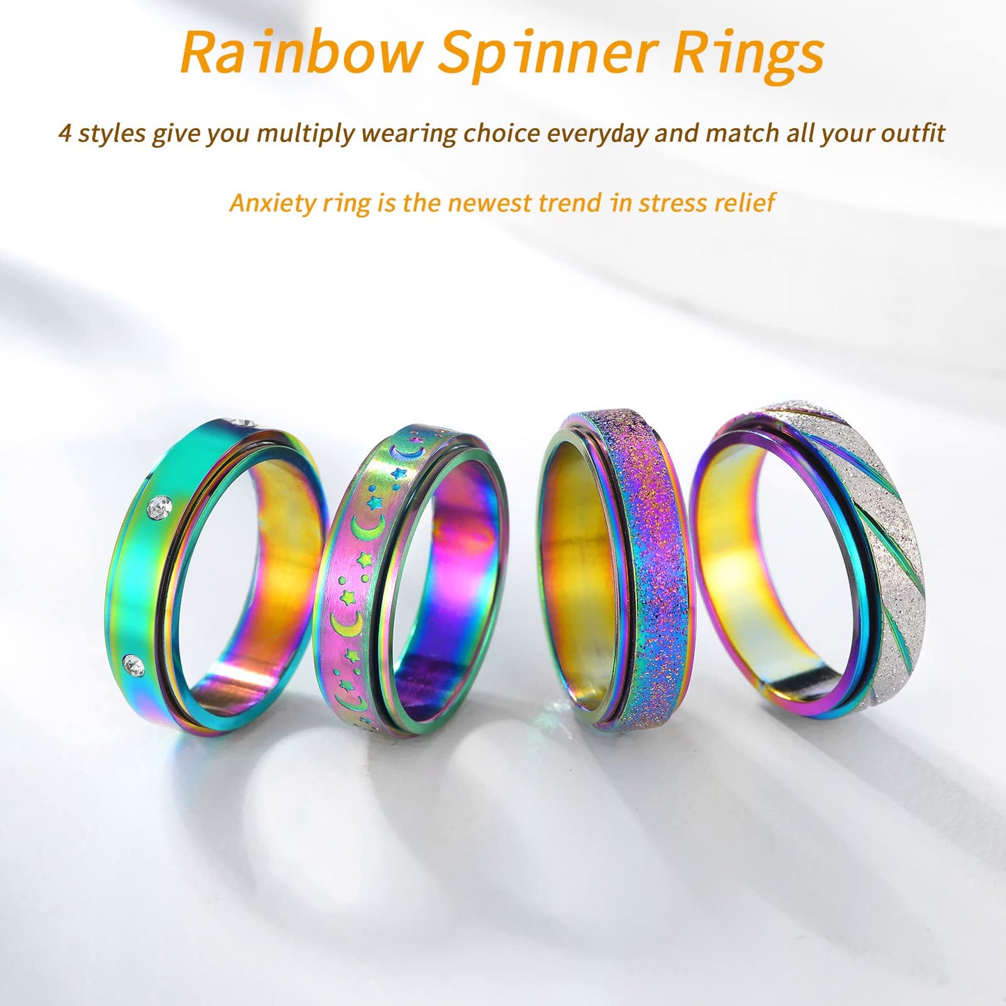 Hothink Anxiety Rings Fidget Rings For Women Spinner Rings For Anxiety 4Pcs 6Mm Rainbow Titanium Steel Rings Size 6-11 (Rainbow