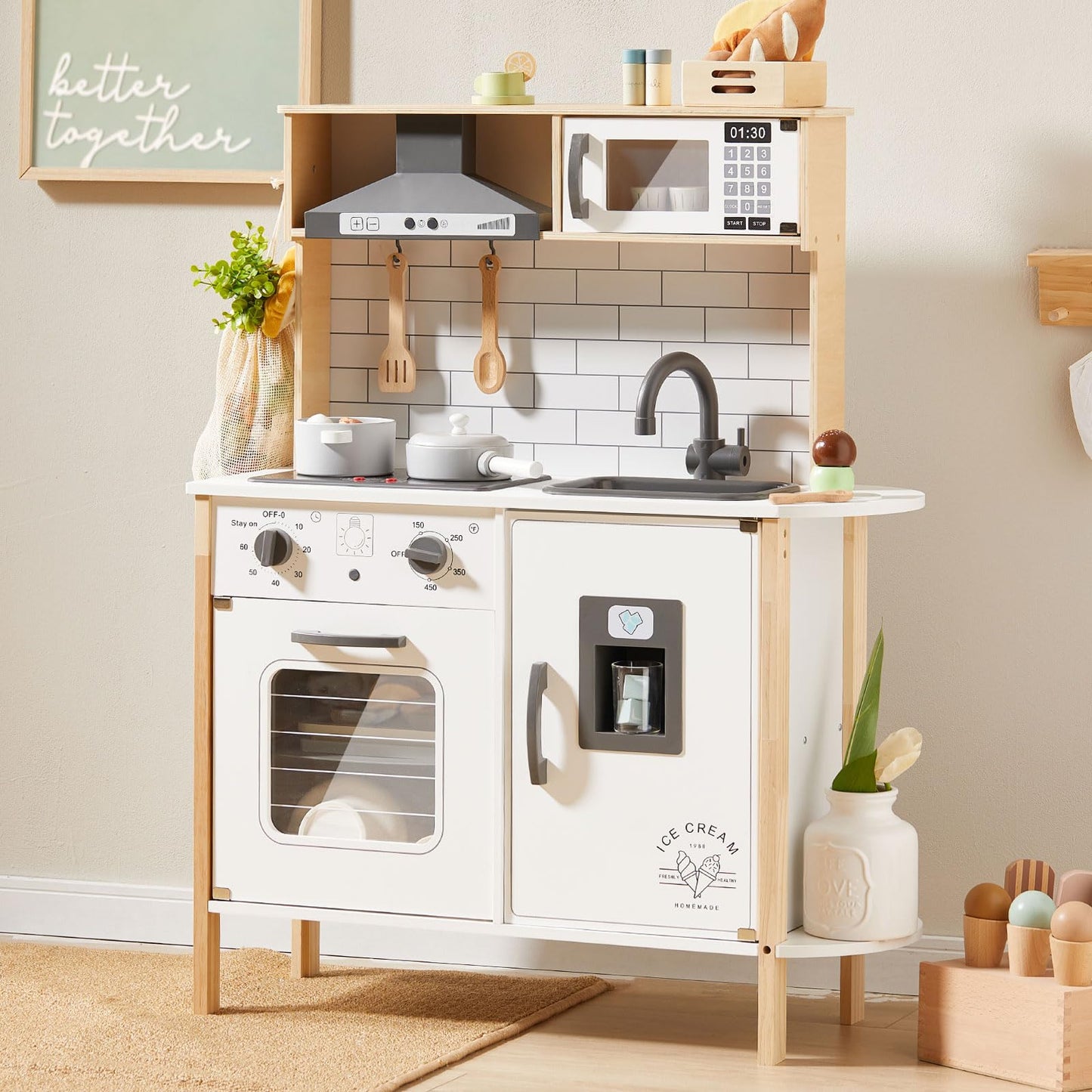 Tiny Land Play Kitchen for Kids, Wooden Kids Play Kitchen Playset Chef Pretend Play Set for Toddlers with Real Lights & Sounds,