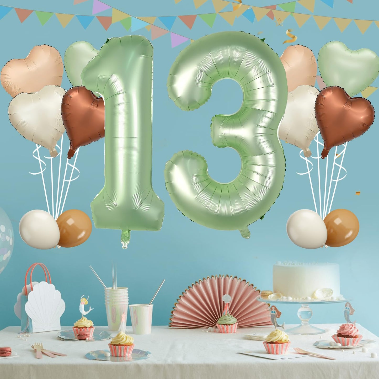 Biapian 40 Inch Sage Green Number 13 Balloons, Large Foil Number 1 & 3 Balloons With 18'' Cream Brown Heart Balloons For 13Th Ye