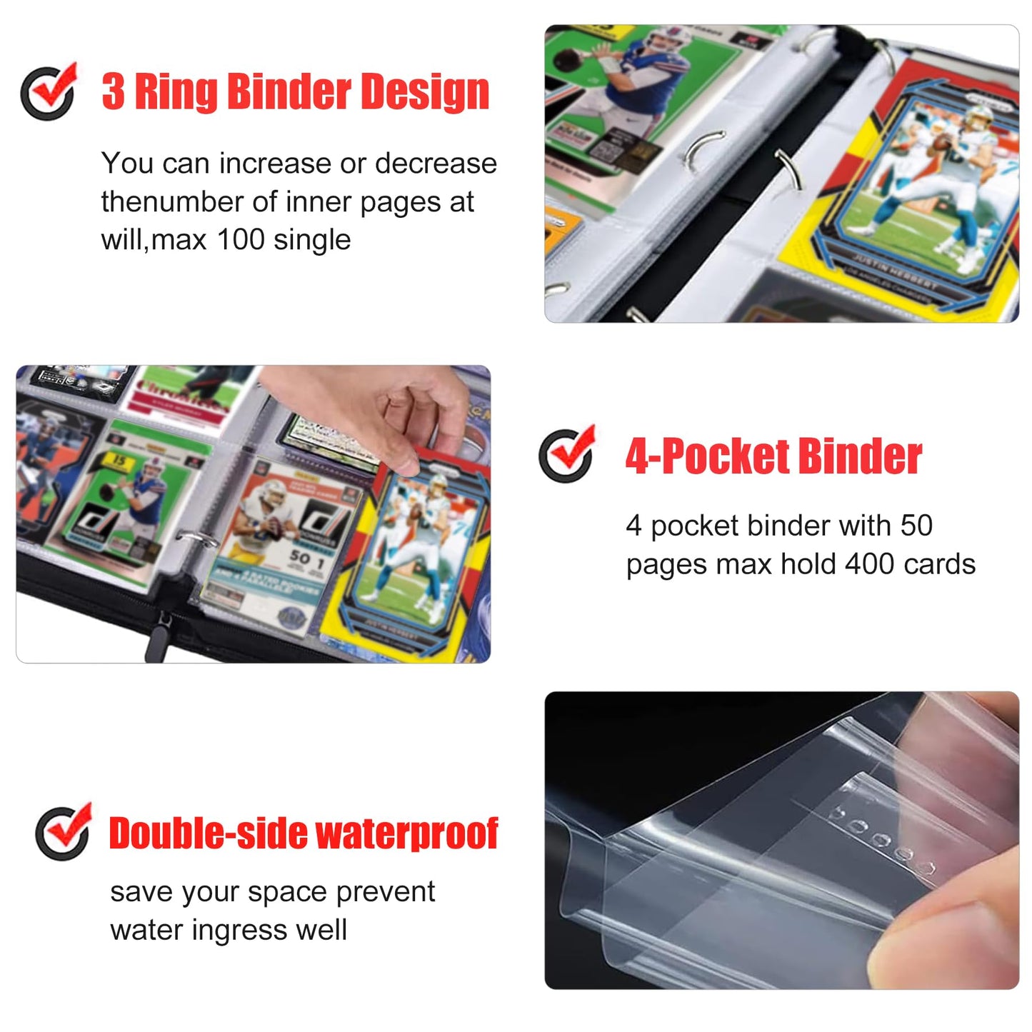 400 Pockets Football Card Binder for Football Trading Cards Portable Waterproof Storage Bag with Removable Sleeves for Sports Cards Collectors