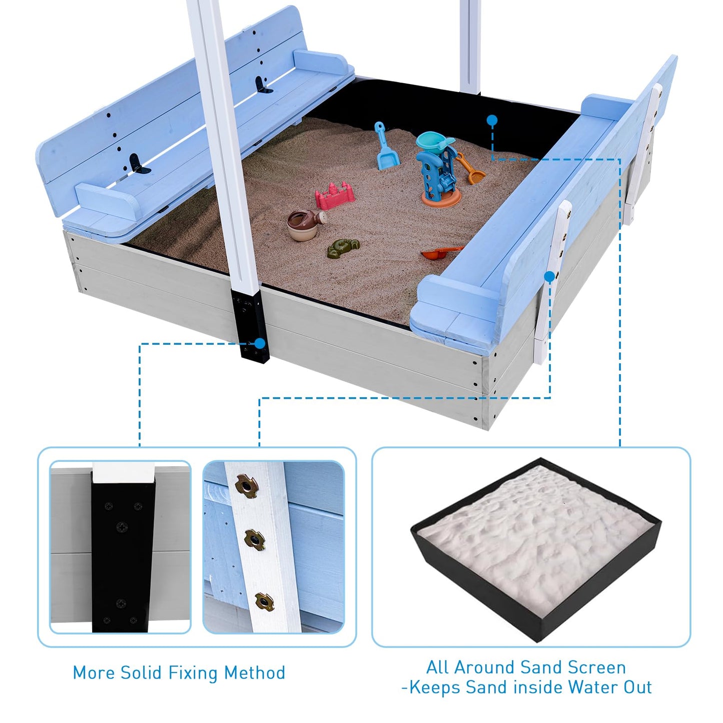Funxplore Wooden Kids Sandbox With Lid Sand Box With Cover For Outdoor With Canopy Ages 4-8, Sand Pit With Foldable Bench Adjust