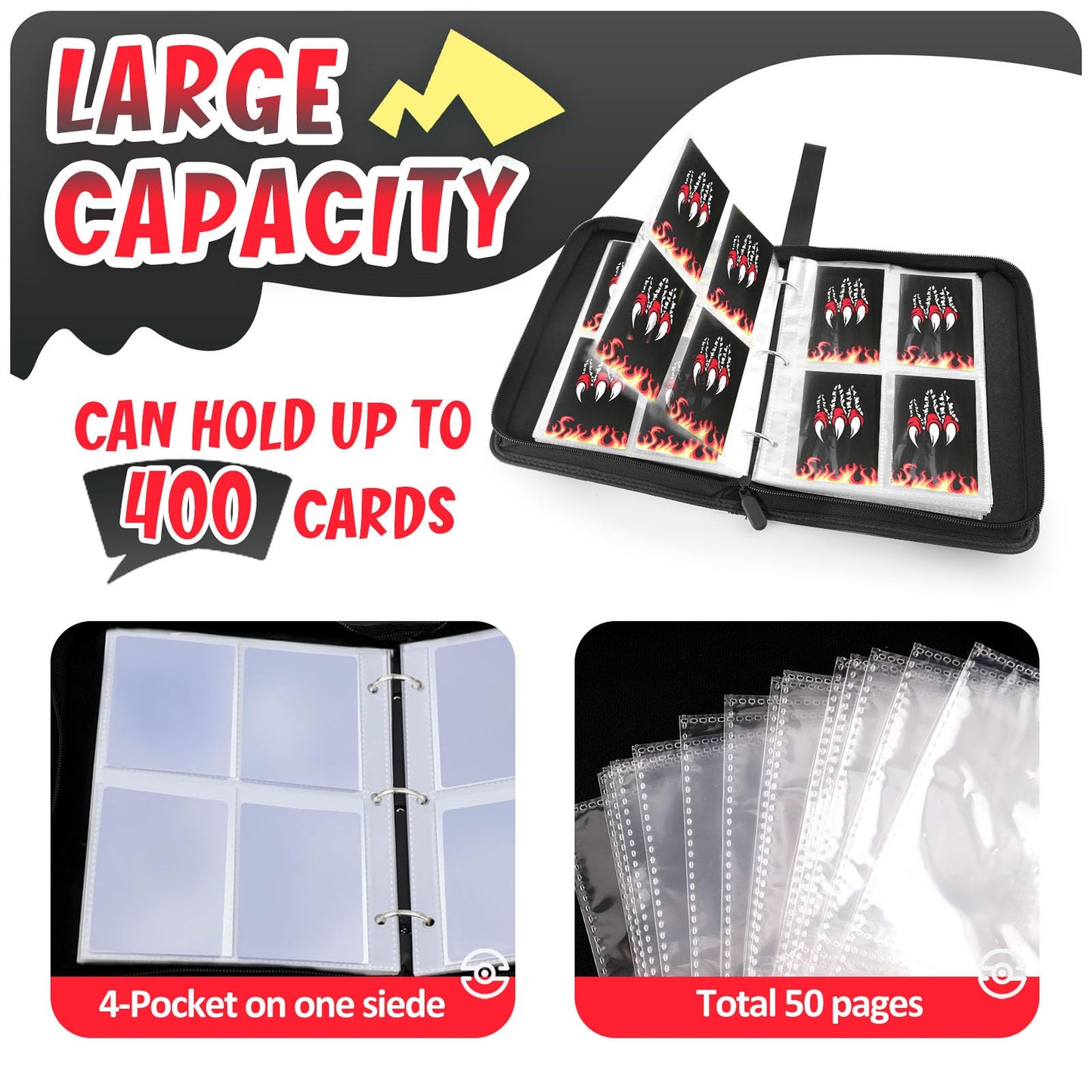 Card Binder 4-Pockets, 400 Pockets Card Holder With 50 Removable Sleeves, Trading Card Collector Zipper Album Holder, Black