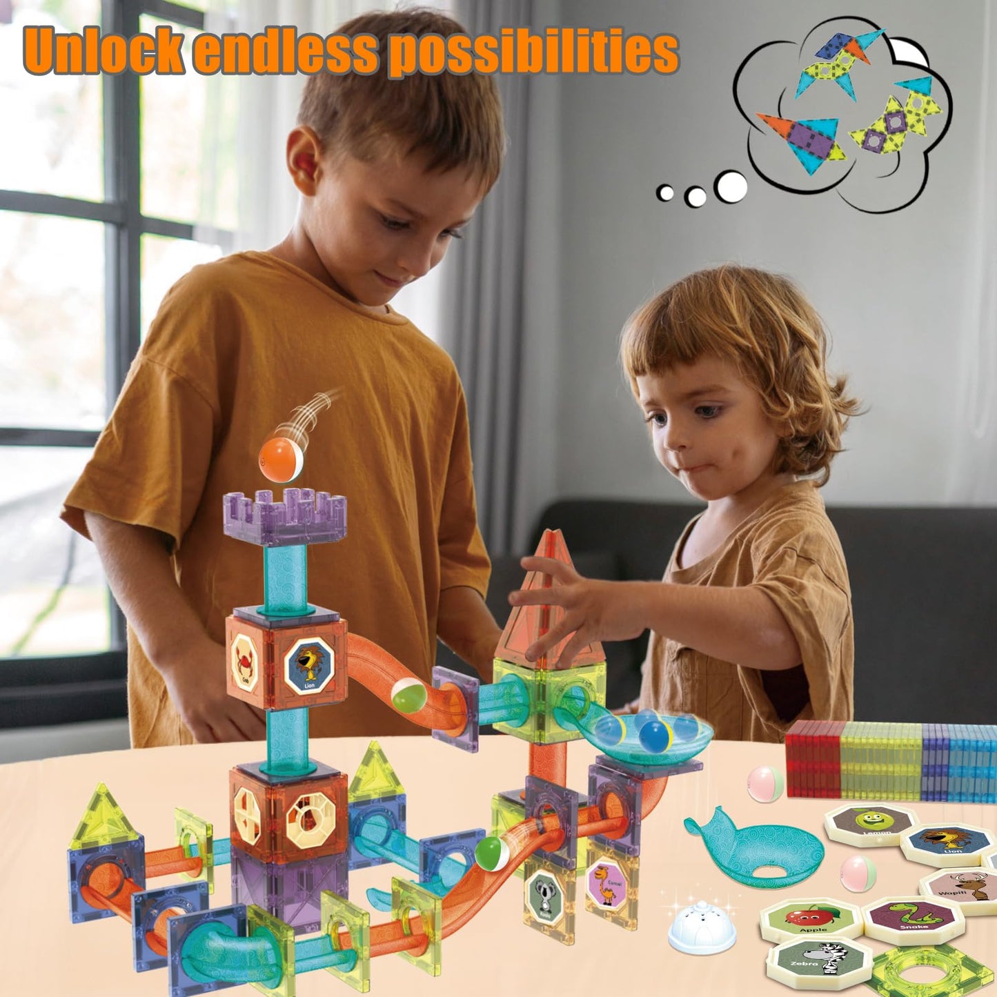 Magnetic Tiles Building Blocks Toys for Kids 144 PCS Magnet STEM Construction Set with LED Lights & Marble Run | Educational Learning Creative Gifts for Kids Ages 5-12 Boys and Girls
