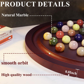 Horow 15.7 Inches Large Marble Solitaire Board Game Wooden Classic Natural Stone Marbles Solitaire Game Set Containing 36 Colore