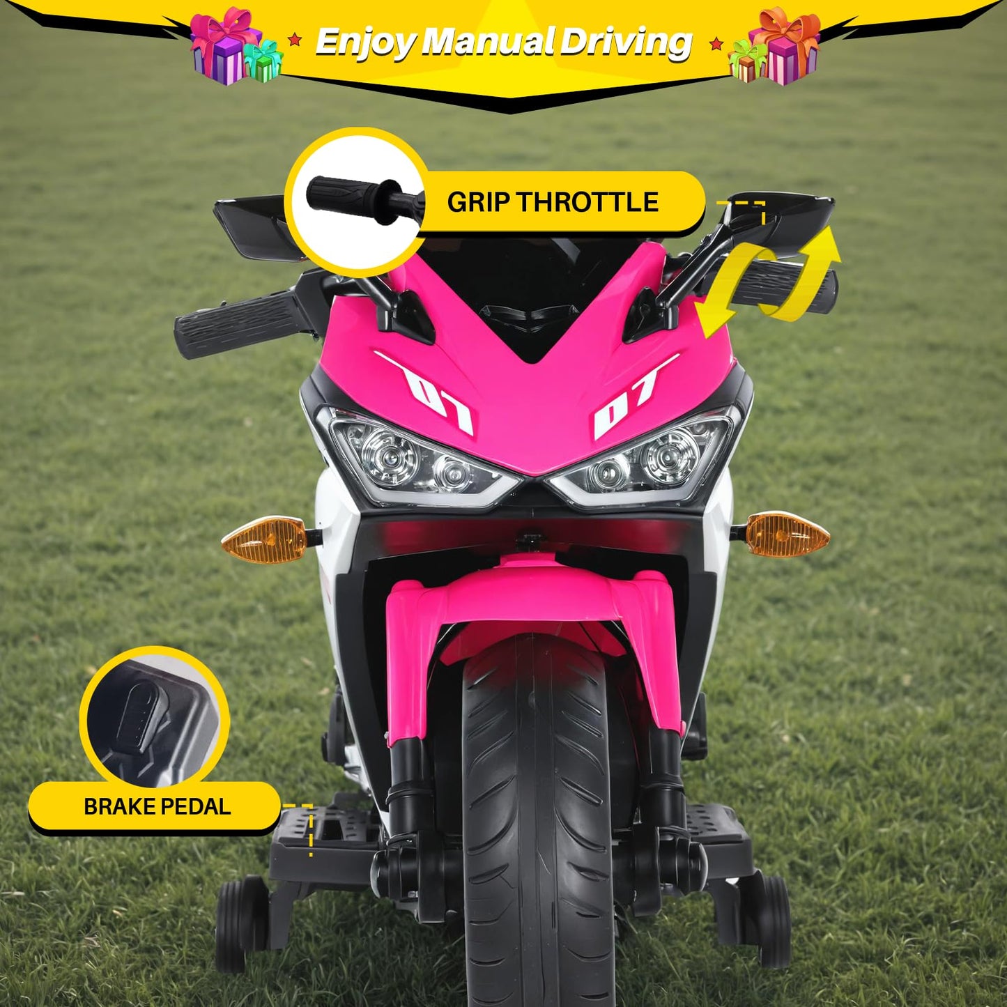 Blitzshark 12V Electric Motorcycle Kids Motorcycle with Training Wheel 7AH Battery Ride On Motorbike for Kids 3.2 MPH Max Speed Twist Grip Throttle Soft Tires Extra Long Seat Pink and White