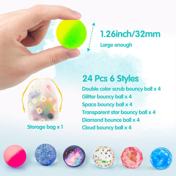 Ecoofor 24 Pieces Bouncy Balls 32Mm Bounce Balls 6 Styles High Bouncing Balls Toys For Kids Party Favors Birthdays Gift Classroo