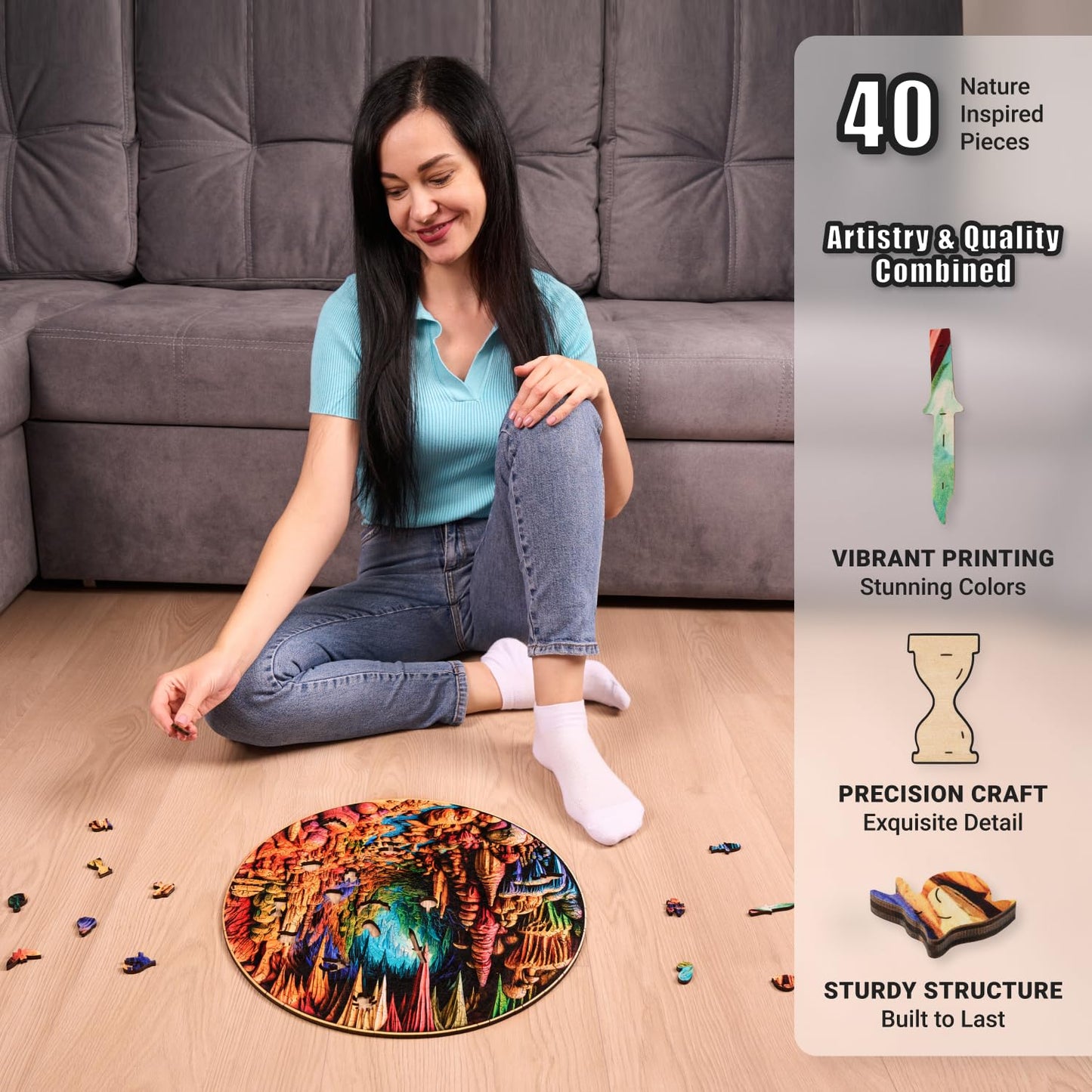 Cavernous Spectrum - 350 Piece Wooden Puzzles for mature-themeds - 15 x 14.9 in - Extra-Thick 5 mm Wood Puzzle Hand-Shaped Pieces Round Mosaic Design - enhanced Gift for Puzzle Lovers by LEOGOR