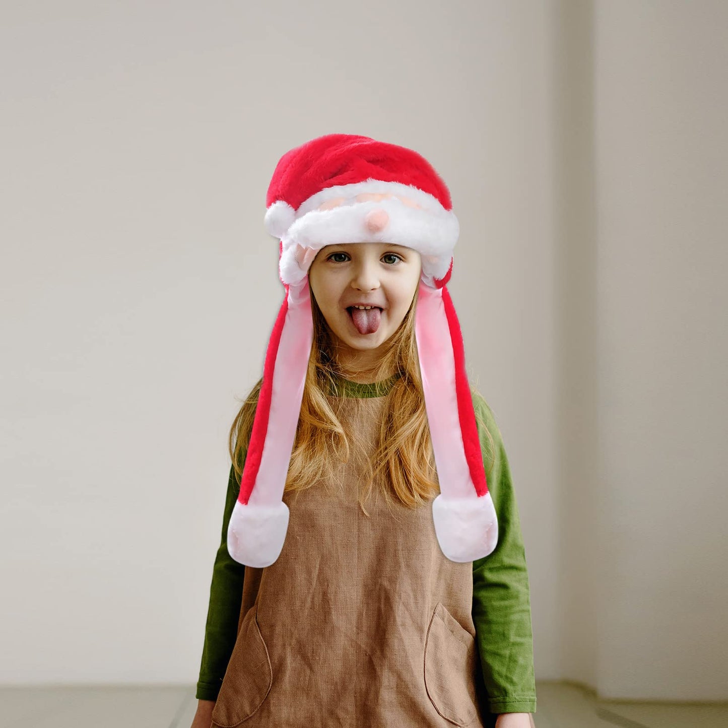 Santa Claus Jumping Hat - 2 Pieces Plush Hats with Pop Up Ears for Kids & Adults - Christmas Party Fun