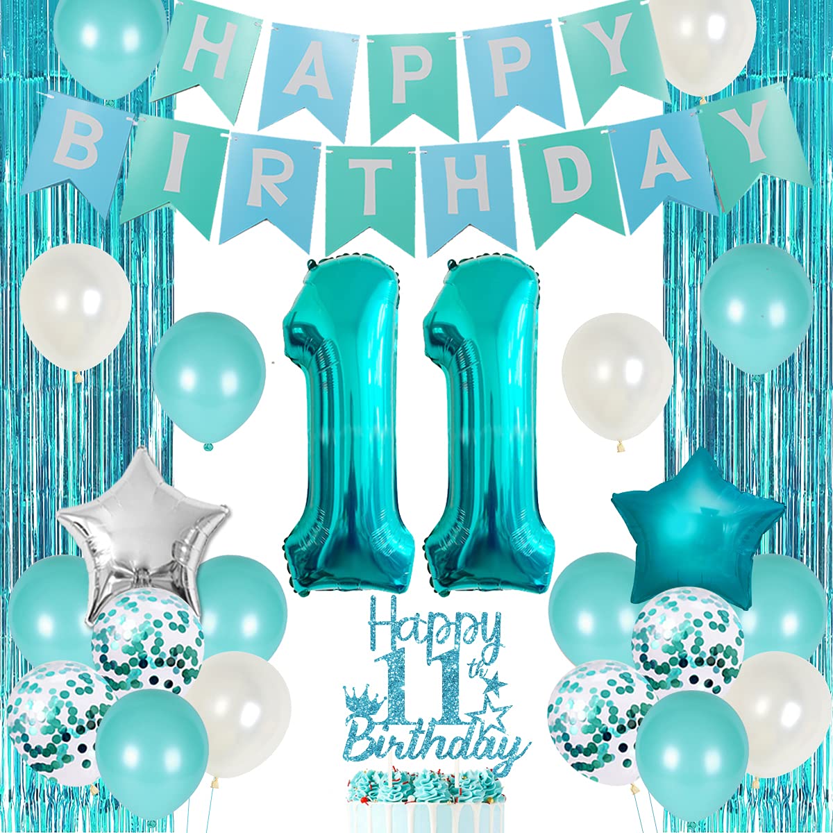 11Th Birthday Decorations For Girls Teal - Happy 11Th Birthday Decorations Eleventh Birthday Cake Topper Teal Fringe Curtain Tur