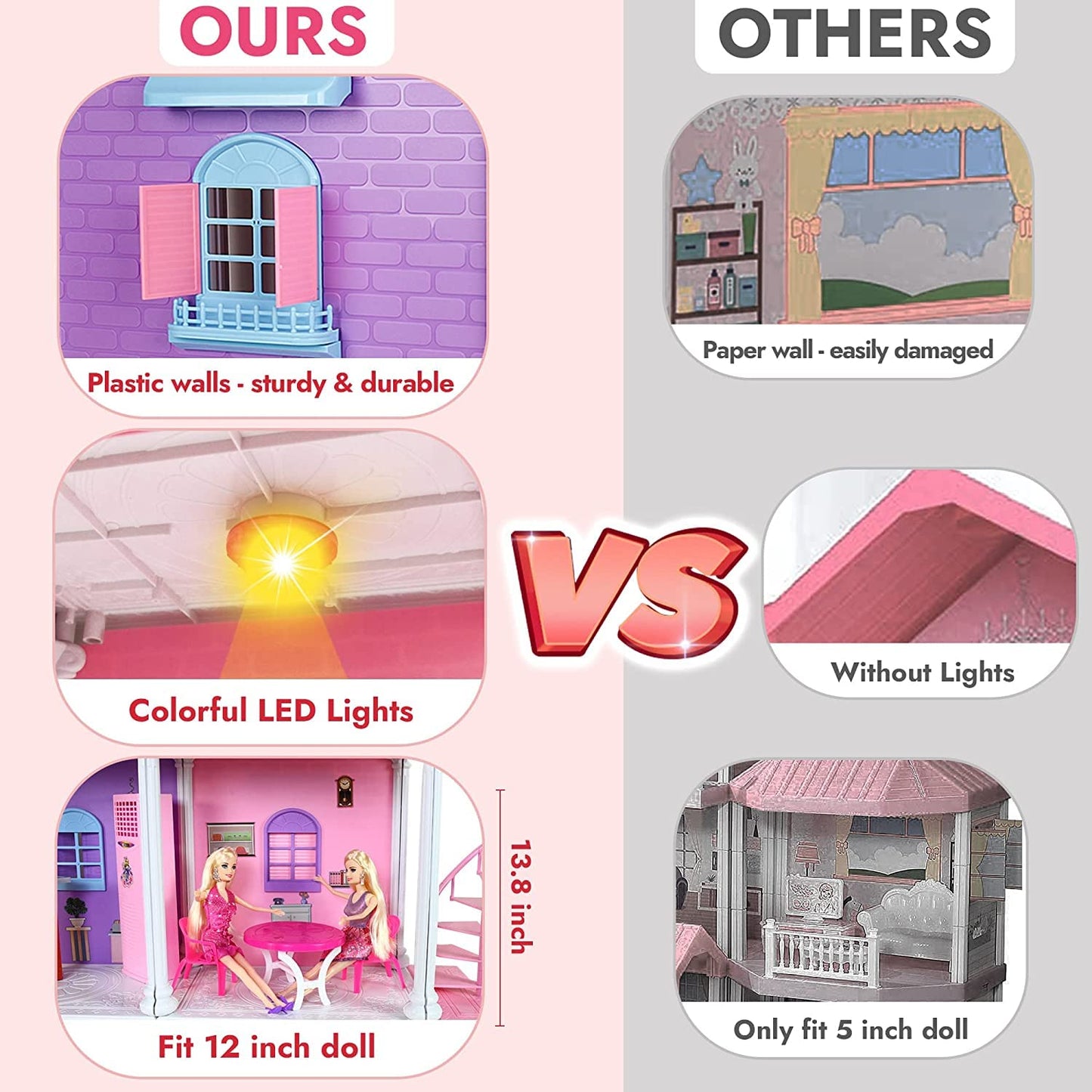 Bettina Large Plastic Dollhouse, 4 Ft Tall Dreaming Doll House With 15+ Furnitures & Accessories, 3-Story Playhouse Dolls House