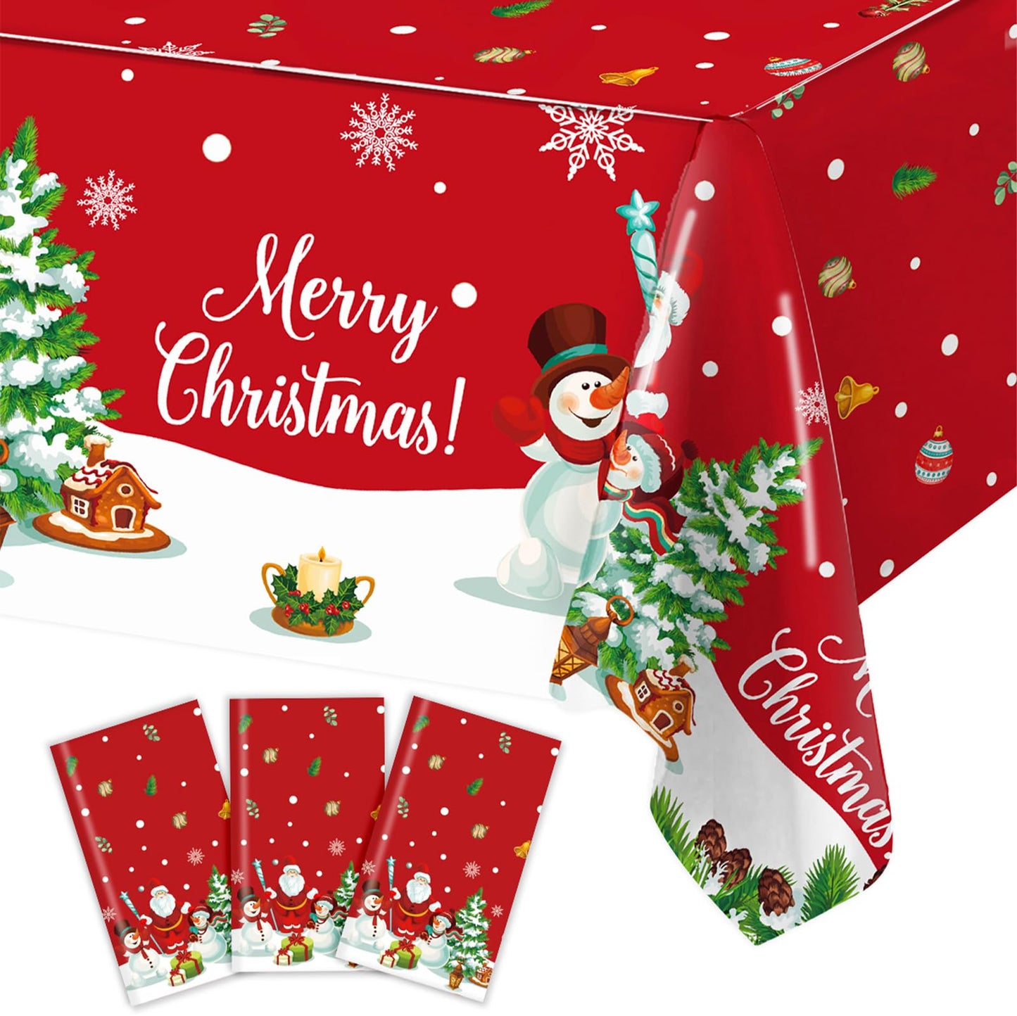 Staraise 3PCS Christmas Tablecloth, Red Rectangular Plastic Christmas Tablecloth, Winter Snowflake Snowman and Santa Claus Dispo