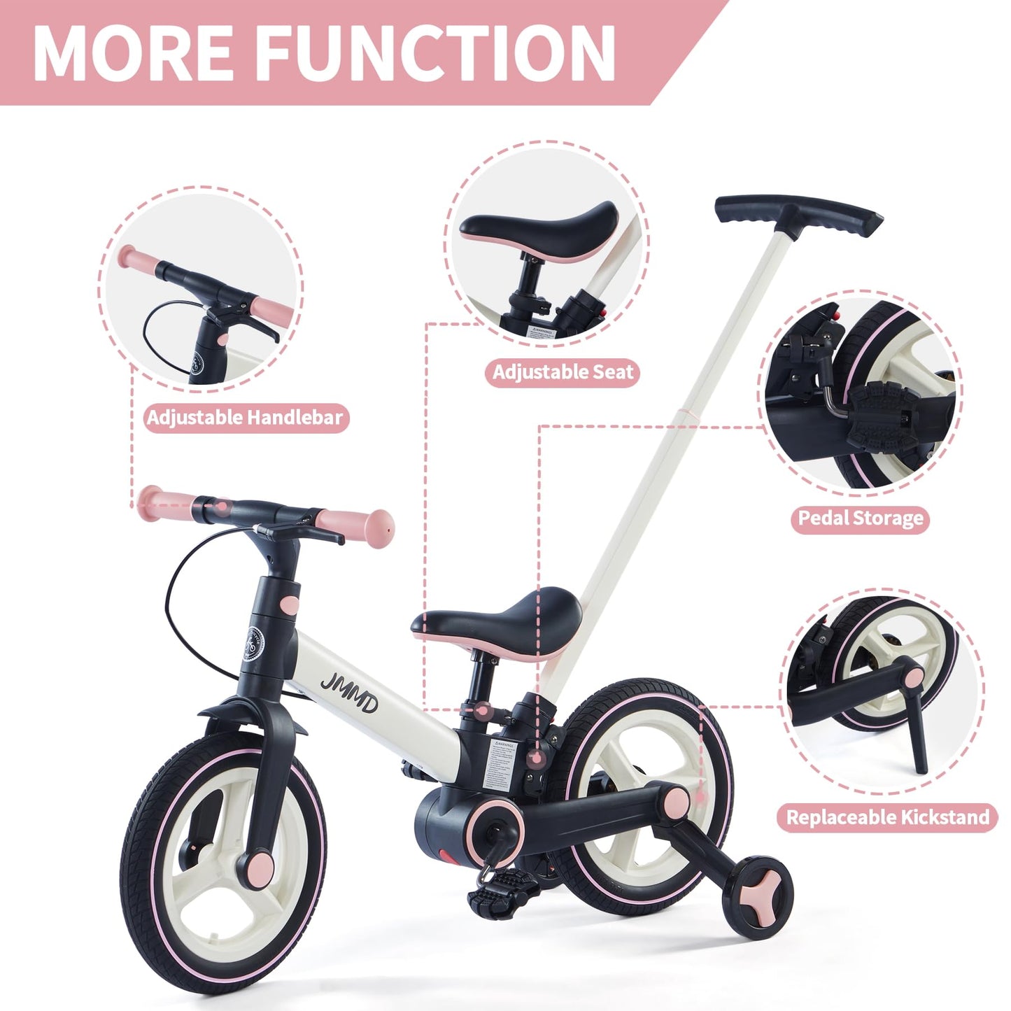 Jmmd Toddler Bike With Push Handle For Kids 18-60 Months, 6 In 1 Push Bike With Training Wheels & Pedals, Balance Bike For Boys And Girls With Brakes & Kickstand, Pink