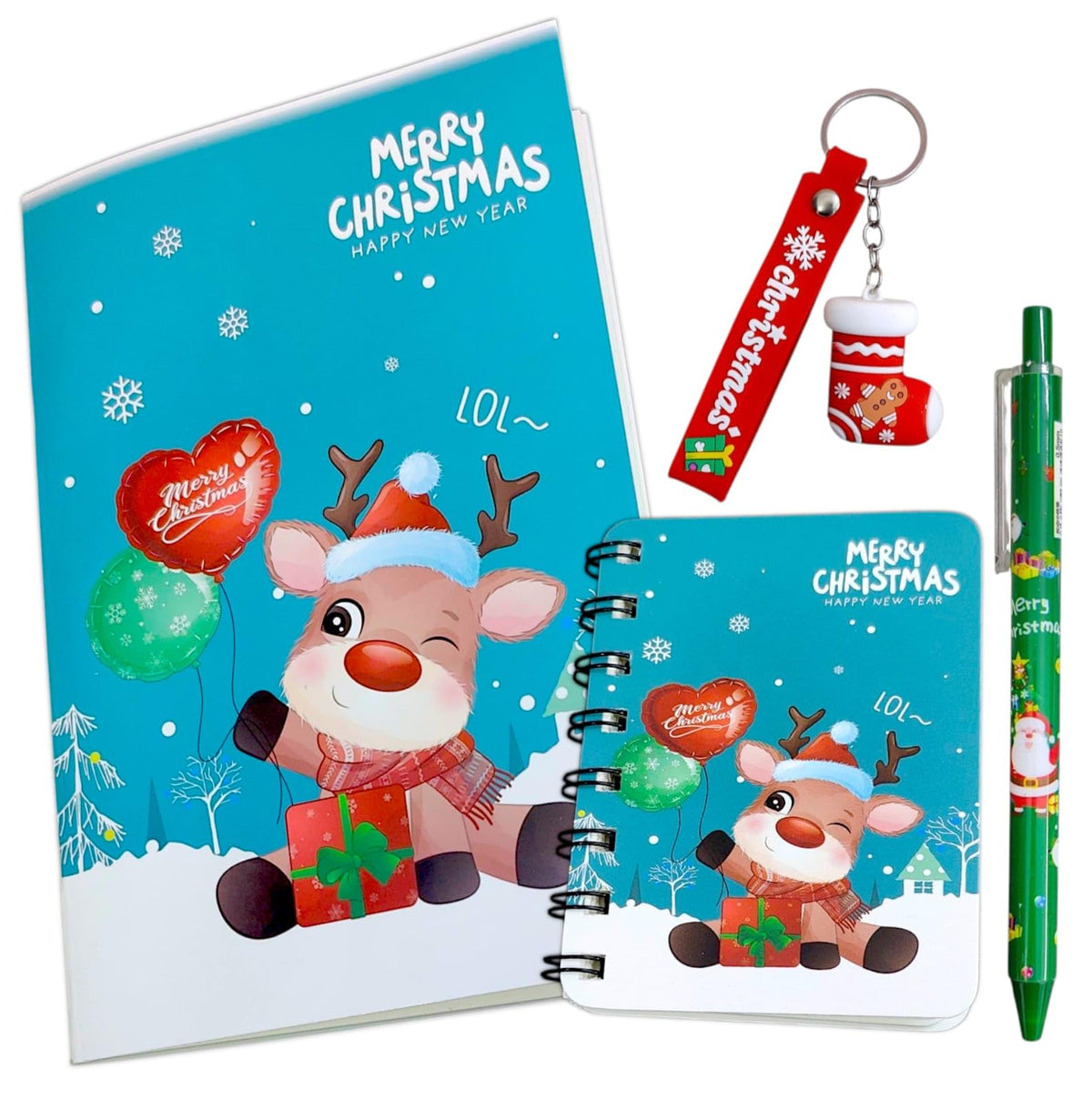 AMANVANI Christmas Theme 3 in 1 Gift Combo, Stationery Gift Set with Min Diary, Pen, Keychain (1 Set) Festive Return Gift for Ki