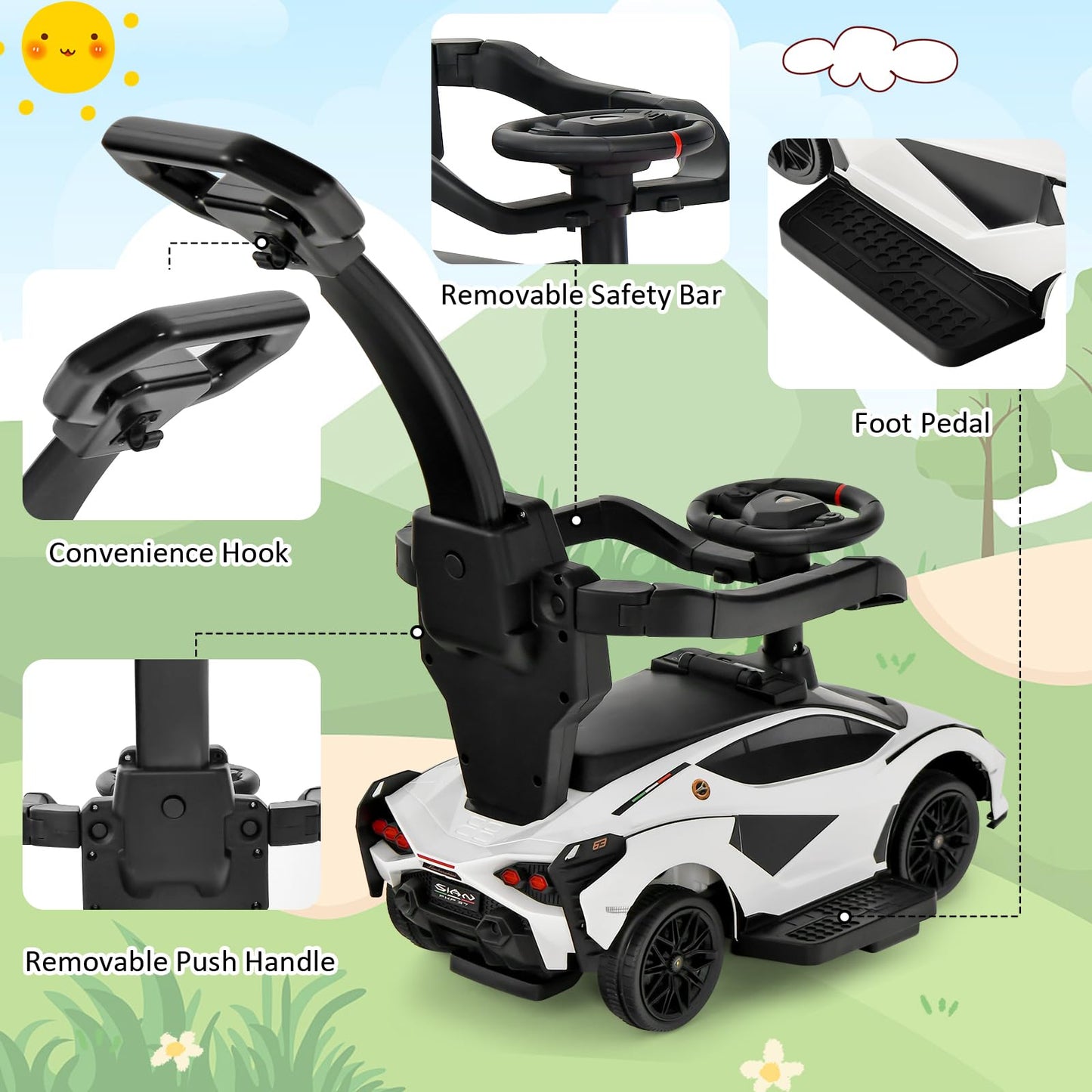 Infans 3 In 1 Ride On Push Car, Licensed Lamborghini Baby Stroller Sliding Walking Car With Push Handle, Music, Usb, Headlight, Under Seat Storage, Kids Foot-To-Floor Toy For 18-60 Months (White)