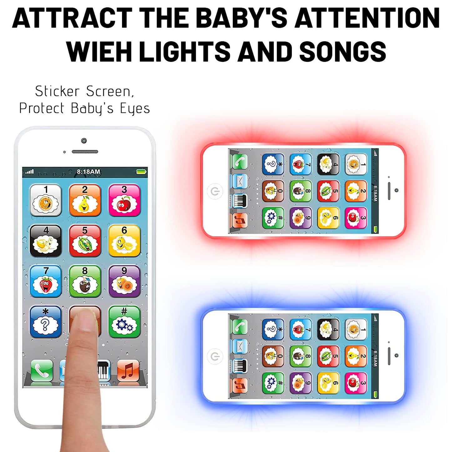 Wolmund Toy Learning Play Cell Phone With 8 Functions And Dazzling Lights Interactive Toy For Toddler Baby Kids Boys Girls, White