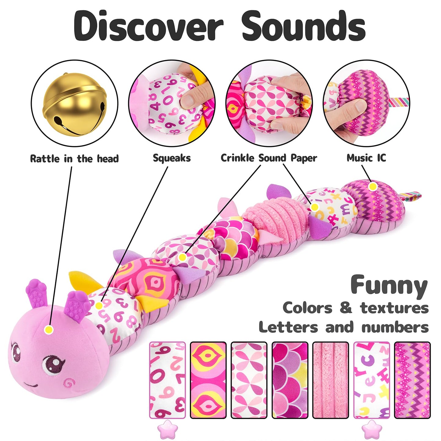 Turkids Infant Baby Musical Stuffed Animal Activity Soft Toys With Multi-Sensory Crinkle, Rattle And Textures For 0-3-6-12 Month
