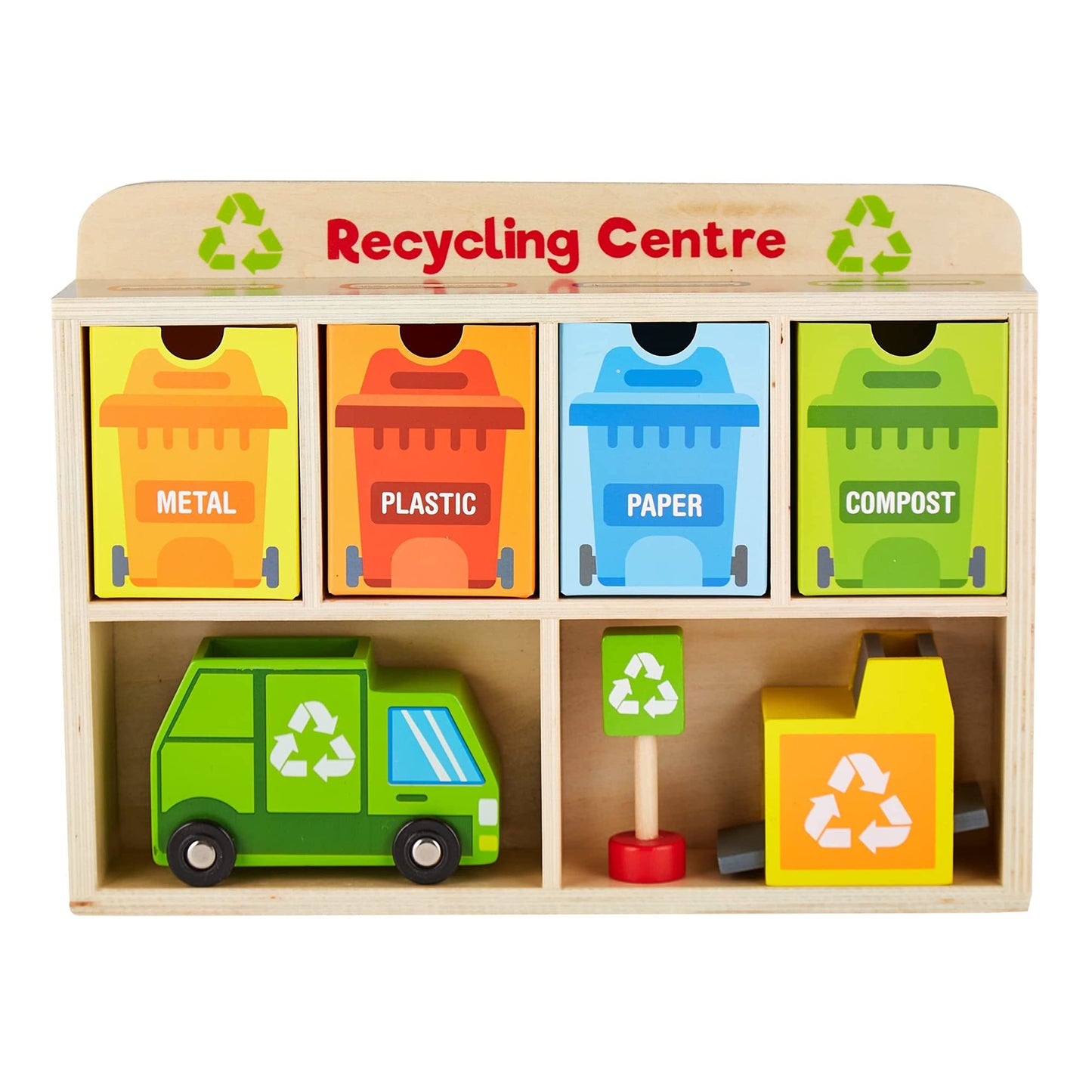 Reduce & Reuse Recycling Center Playset | Wooden Green Garbage Truck Toy, Sorting Bins, and Accessories | Safe, Natural Material