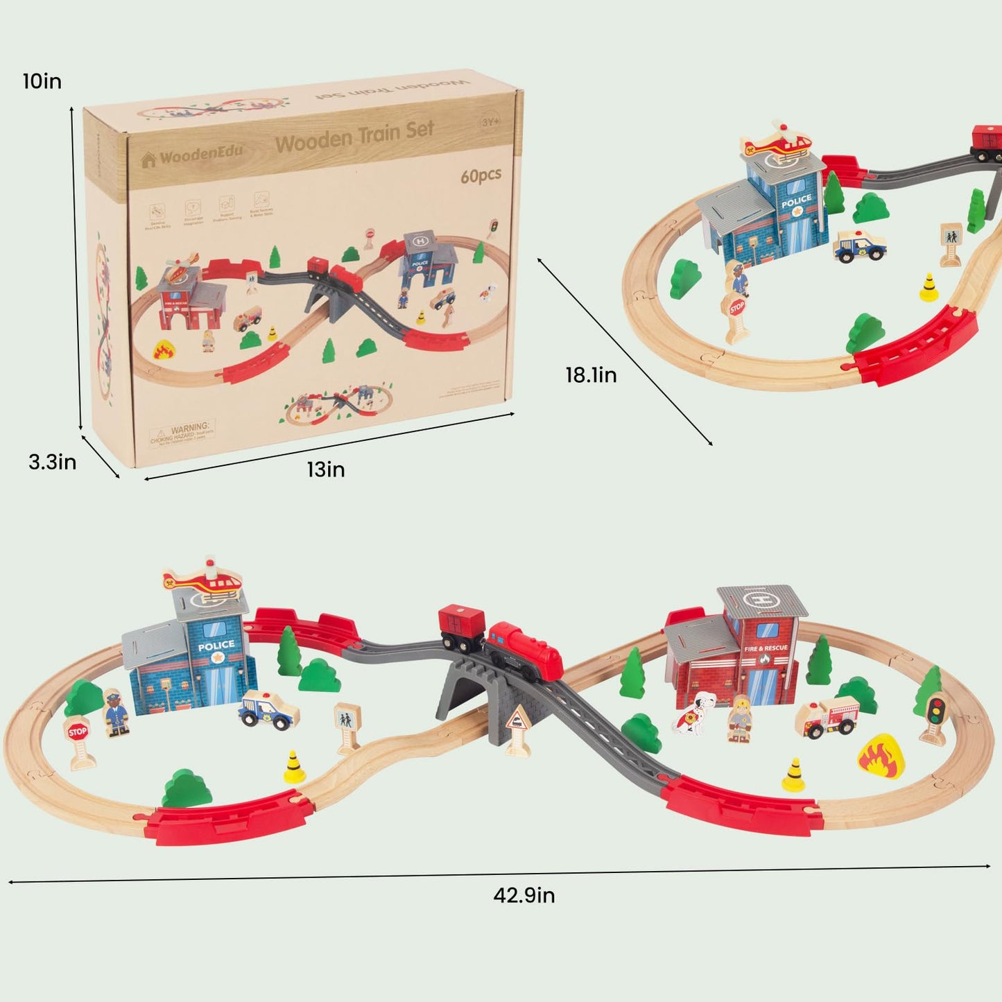 Woodenedu Wooden Train Set For Toddler - 60 Pcs- With Wooden Tracks Fits Thomas, Fits Brio, Fits Chuggington, Fits Melissa And D