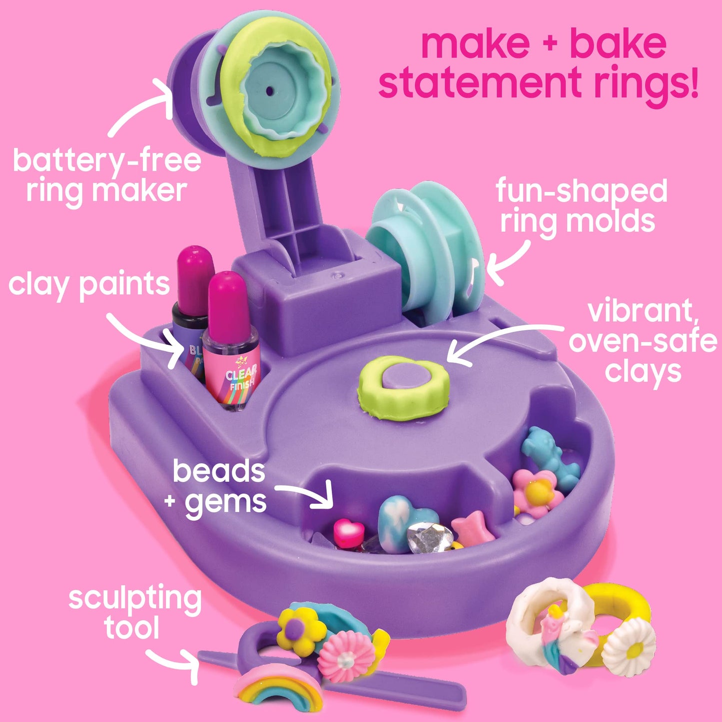 Just My Style Chunky Rings Clay Ring Maker, Make Your Own Clay Jewelry, Great For Birthday Parties, Play Dates, Sleepover Activity, Perfect For Jewelry Lovers Ages 6, 7, 8, 9, Multi