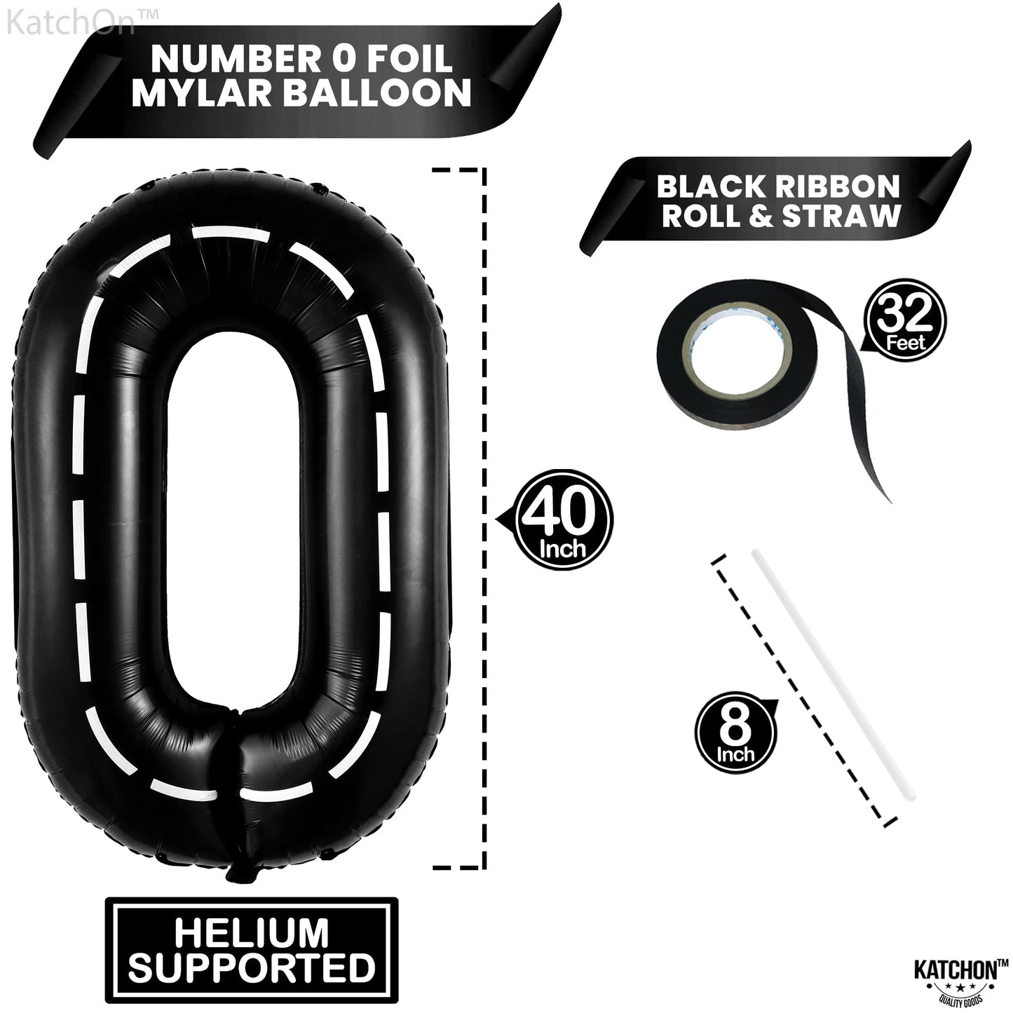 Katchon, Giant Race Car 0 Balloon Number - 40 Inch | Black Racetrack 0 Number For Race Car Theme Party Decorations, Road Party Decorations | Toddler Construction Party Supplies | Number 0 Balloon