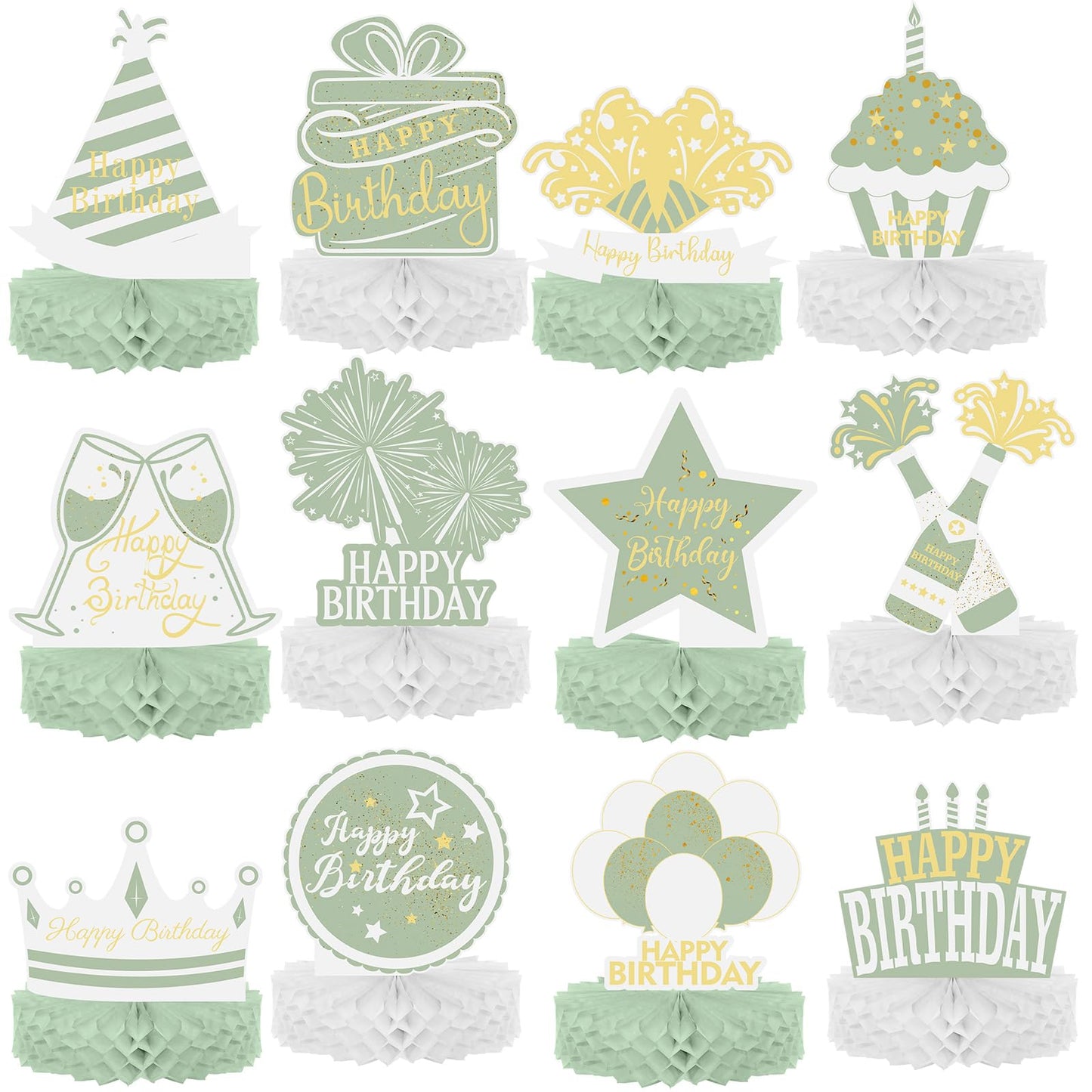 Sabary 12 Pcs Sage Green Birthday Centerpiece Sage Green Table Decoration Happy Birthday Desktop Decoration Honeycomb Centerpiec