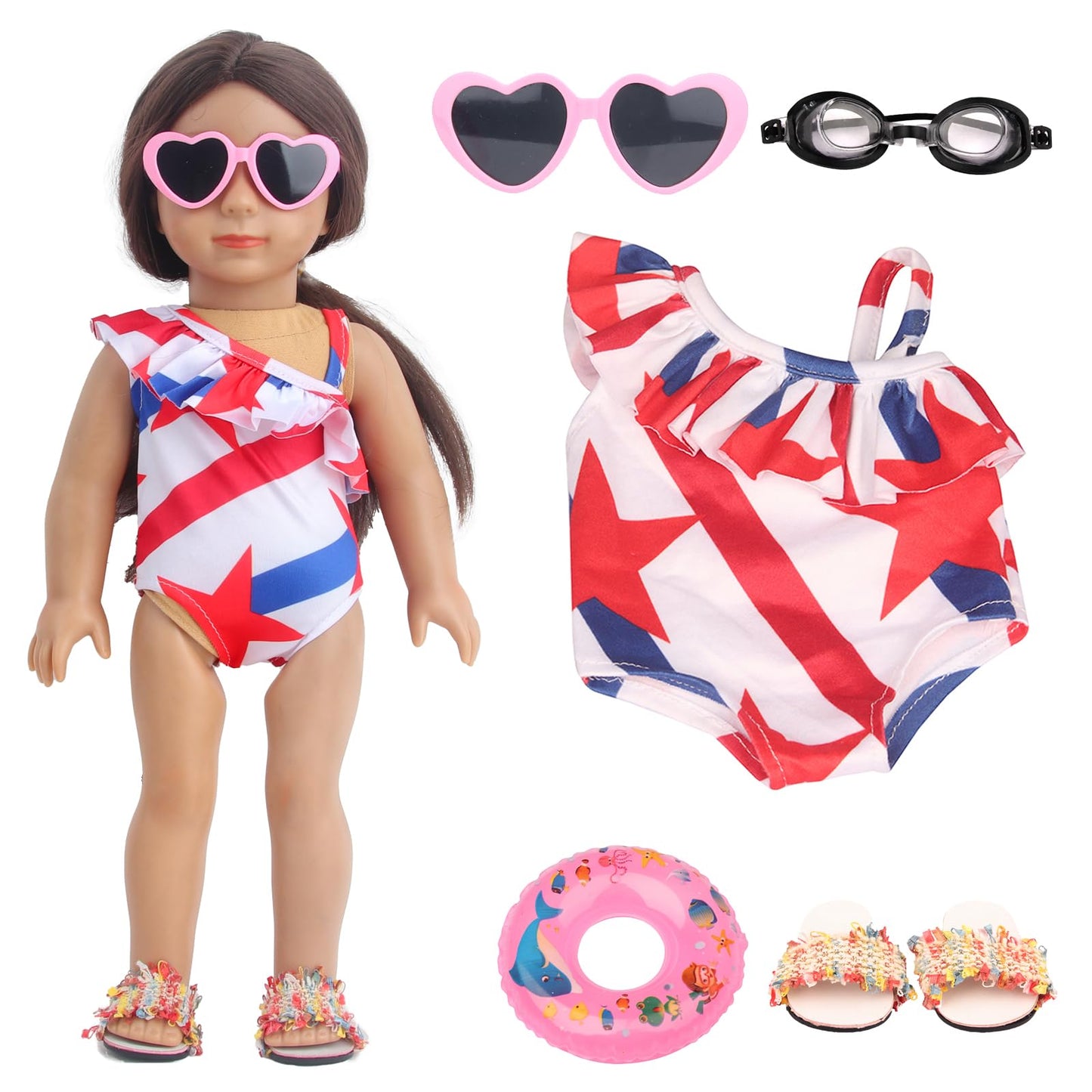 Msyo 18 Inch Doll Summer Outfits Set, Vibrant Doll Swimming Playset For American Doll Girls, Includes Doll Bikini Swimsuits, Heart-Shaped Sunglasses, Goggles, Sandals And Inflated Swimming Ring