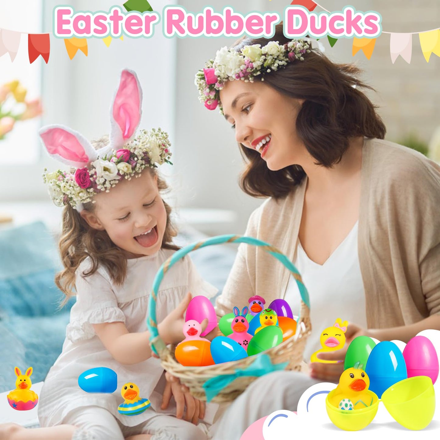 Anggiko 24 Pack Easter Rubber Ducks Bulk With Easter Eggs, Easter Party Favors Easter Basket Stuffer Supplies Goodie Bag Fillers