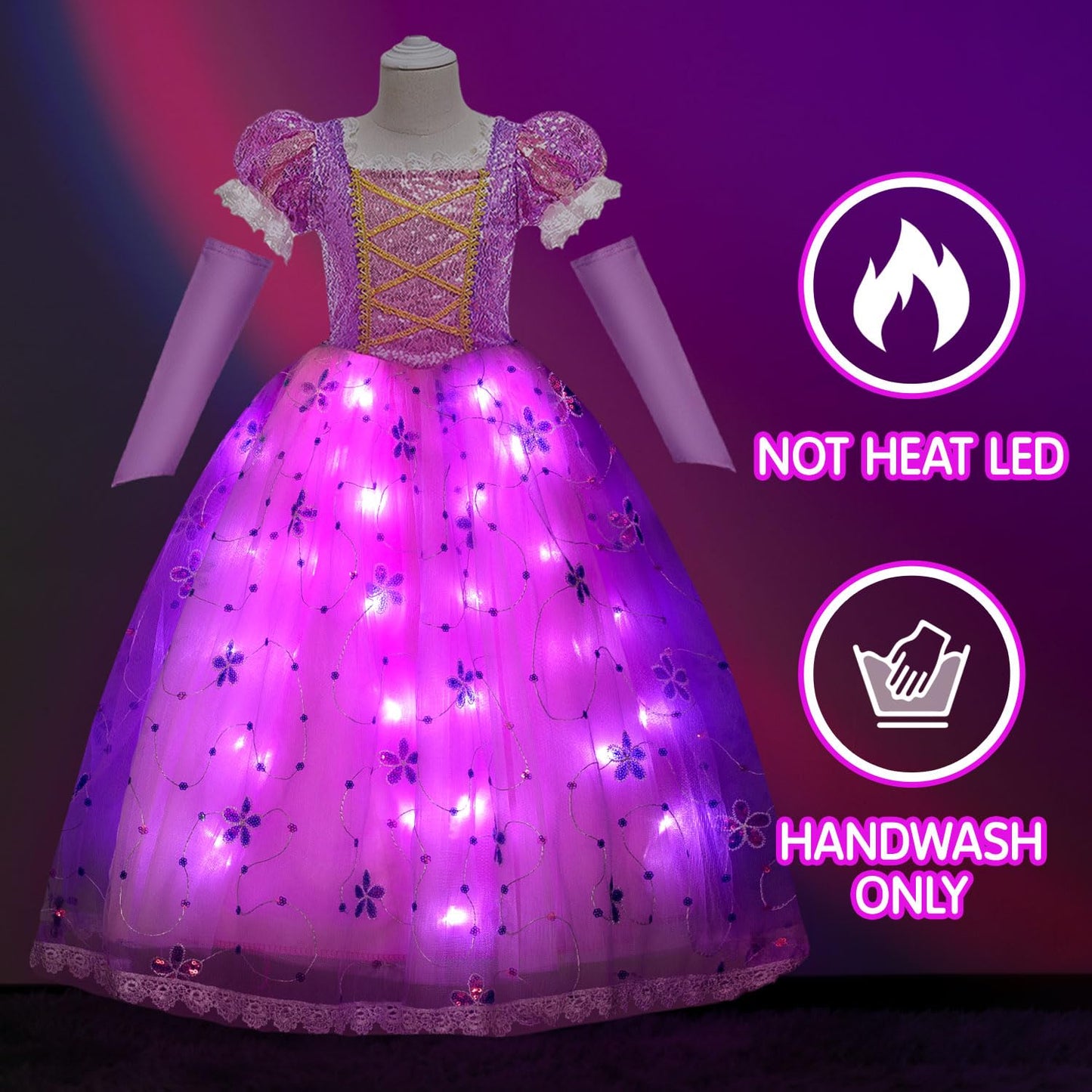 Uporpor Light Up Princess Dress Up Clothes Led Halloween Girls Costume Outfit Fancy Christmas Kids Party Dresses Toddler, Pink Purple 140