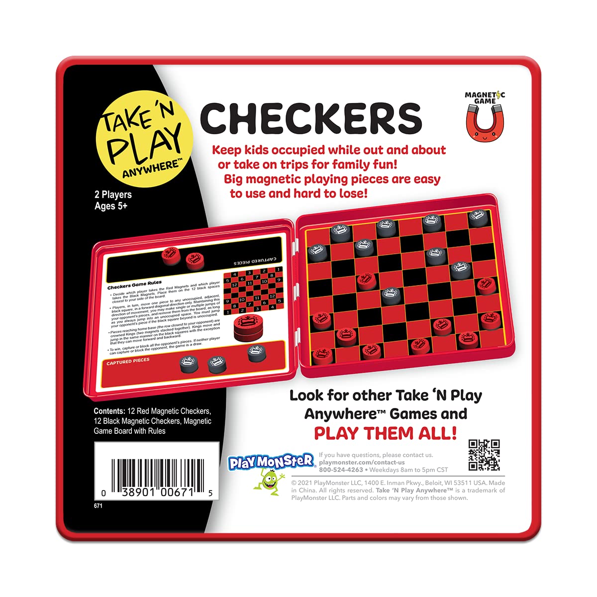 PlayMonster Take 'N Play Anywhere Checkers - Magnetic Travel Game for Ages 4+, Multi-Color, Model 671, Fun On The Go!